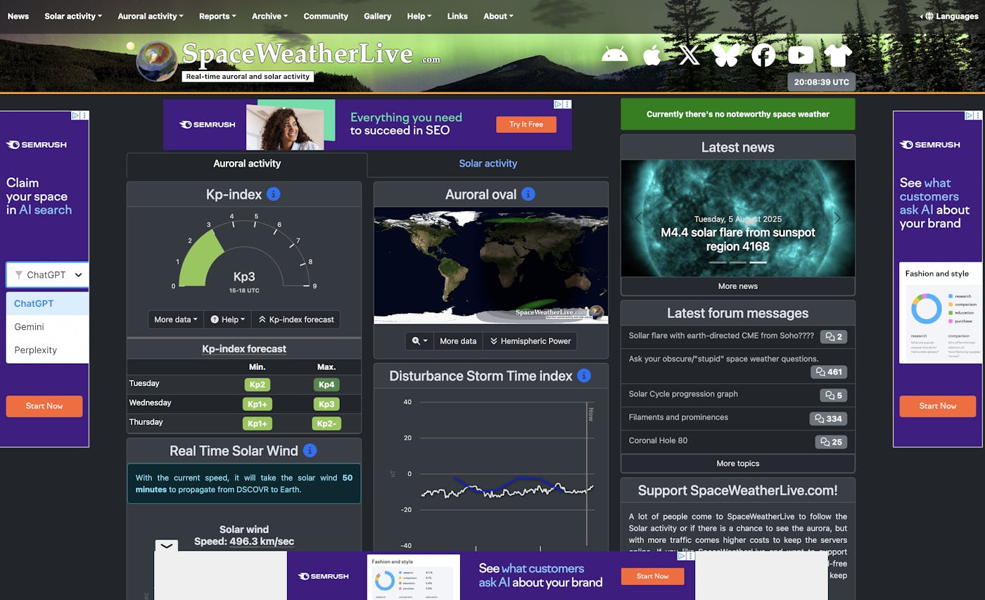Space Weather Live website provides users with data for aurora forecasting.
