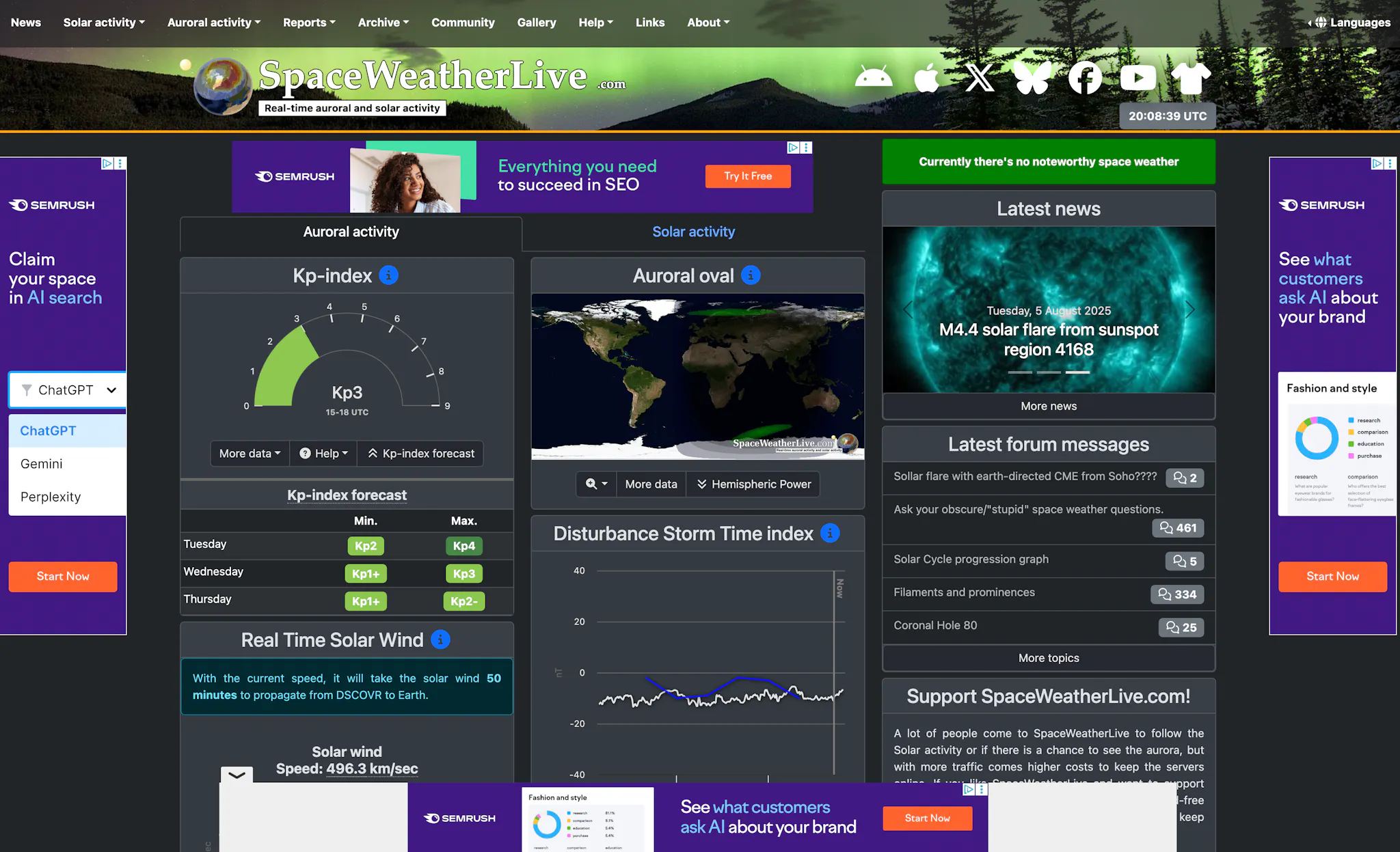 Space Weather Live website provides users with data for aurora forecasting.