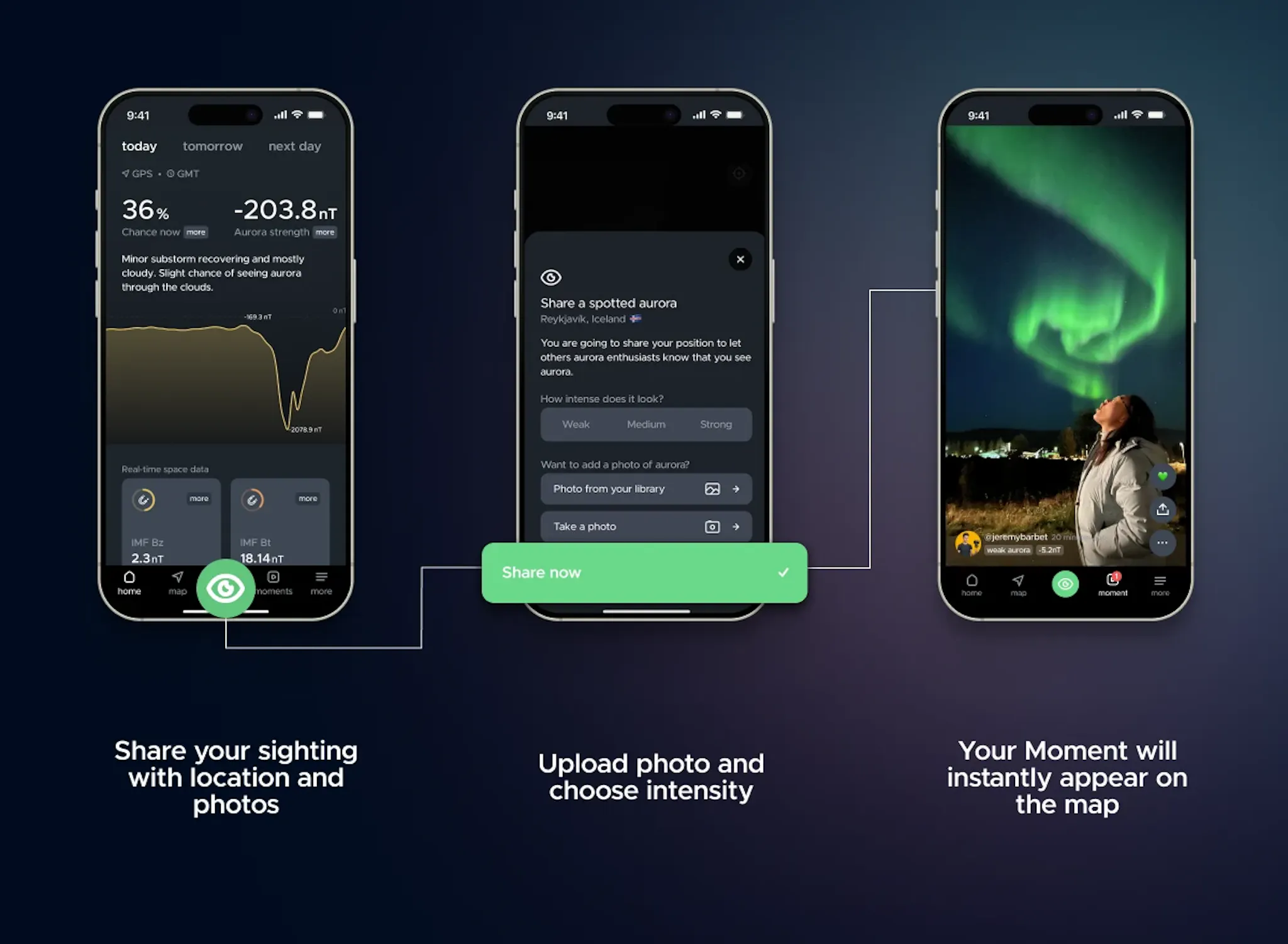 Hello Aurora allow users to share their Northern Lights photo from the location in real-time. 
