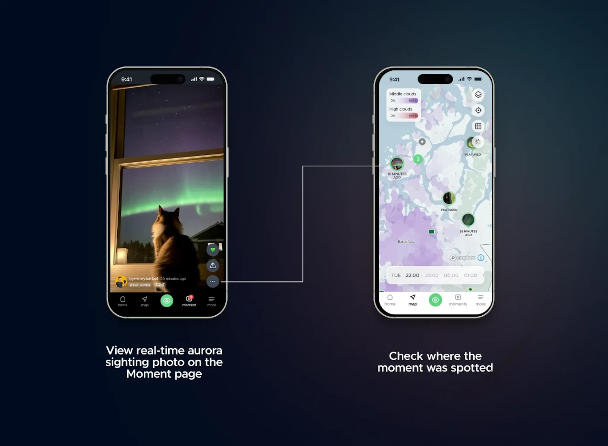 Users can see the location of the aurora photos from the Map page