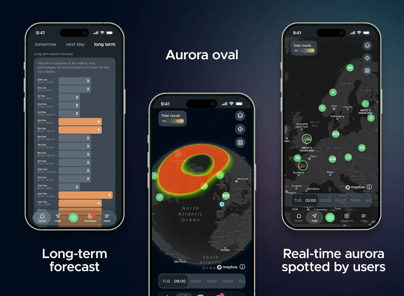 Image showing how to track the Northern Lights activity in Central Europe with Hello Aurora app.