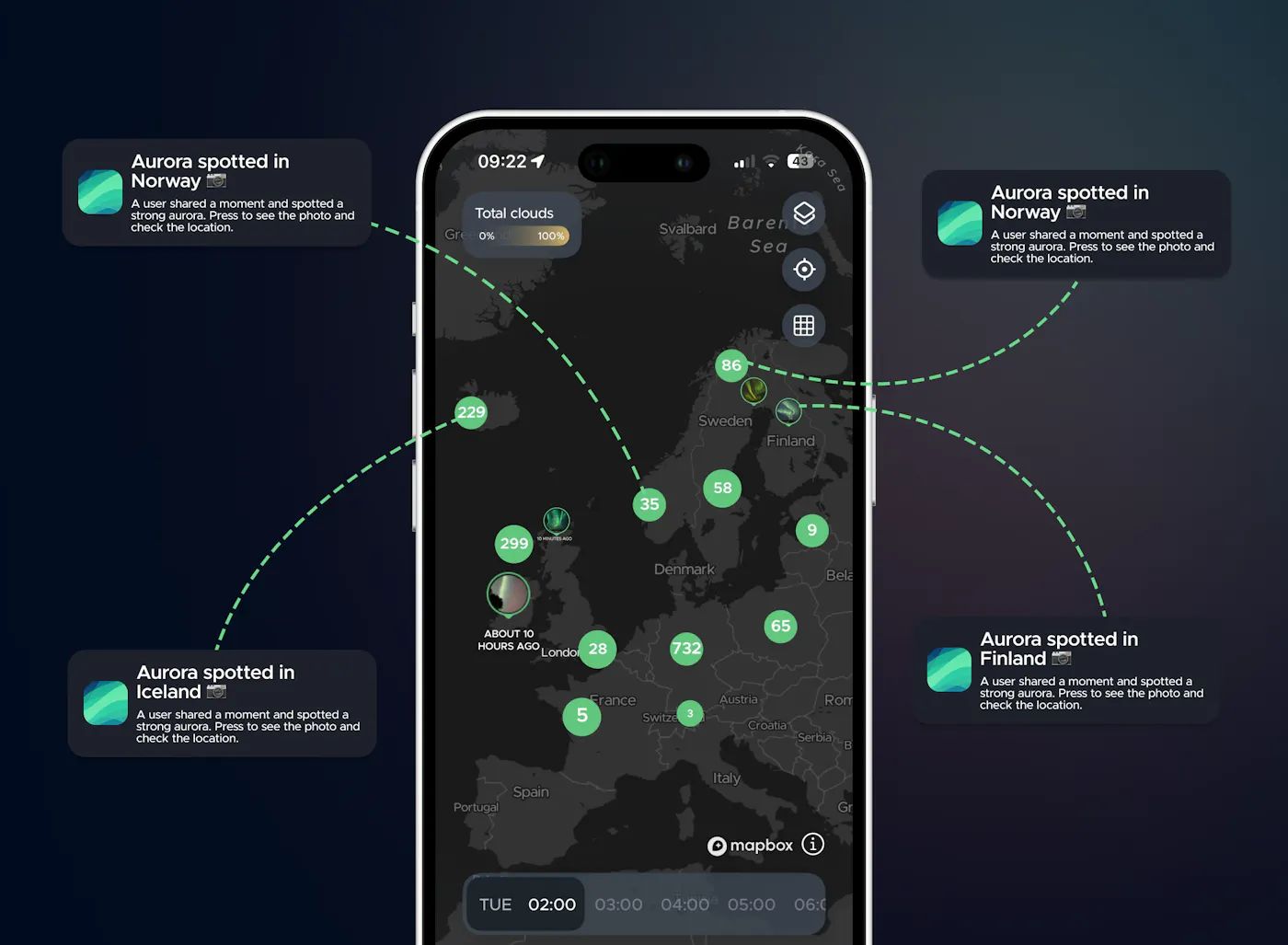 Hello Aurora app send you notifications the moments someone spotted the Northern Lights