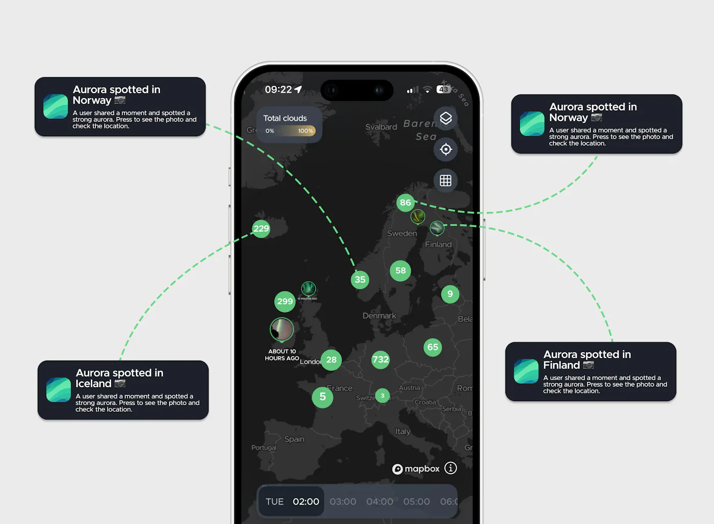 Stop wondering if the lights are out and start seeing them. Get instant notifications when our community of aurora hunters spots the Northern Lights. This real-time, crowdsourced feed ensures you receive live updates the second activity is reported, keeping you connected to the sky.