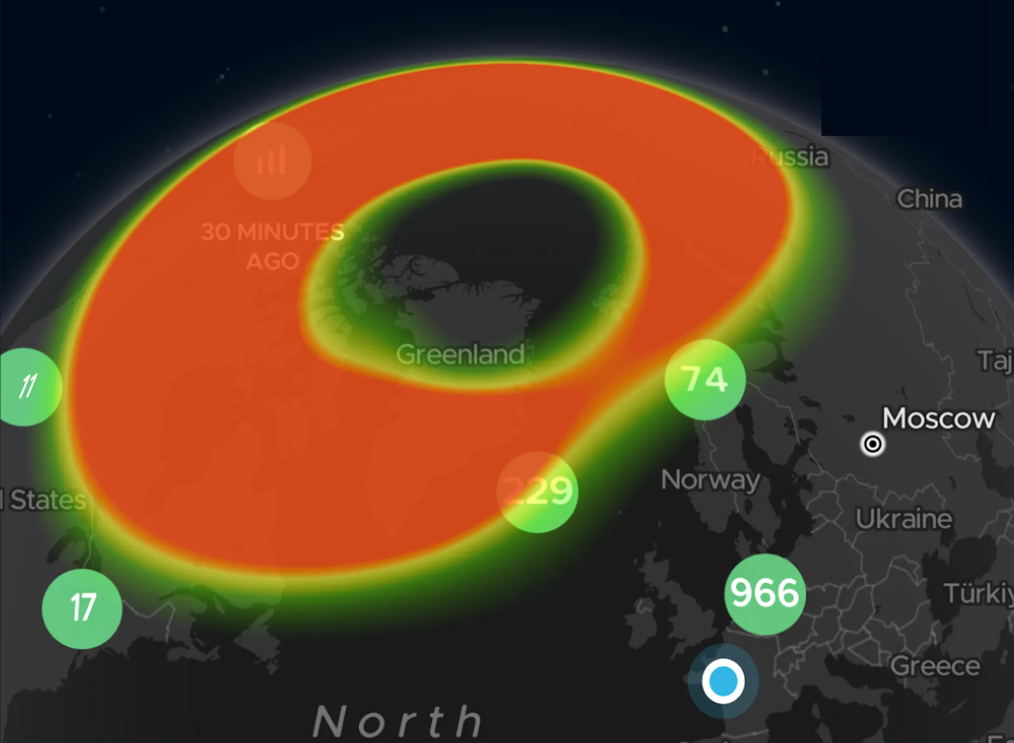 How to read the Northern Lights map on Hello Aurora app. The image display aurora oval, aurora spotted and cloud coverage.