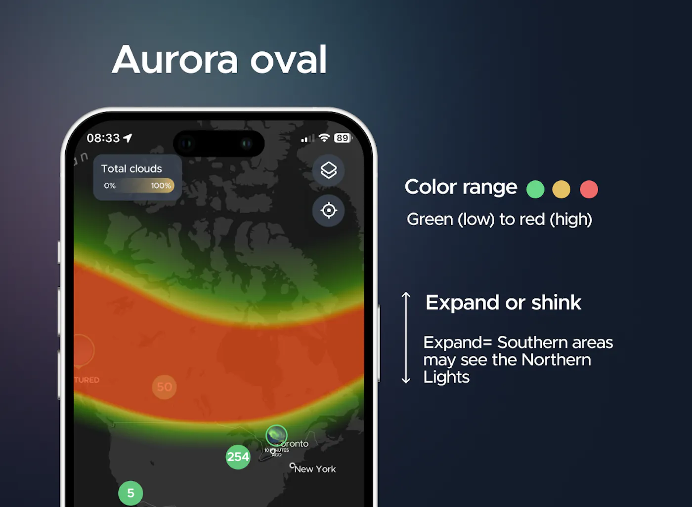 The globe map in Hello Aurora app featuring a real-time Aurora Oval nowcast that visualizes current solar activity and auroral intensity