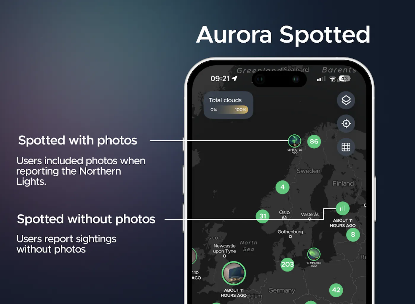 Users can see recent aurora sightings, with or without photos, on Hello Aurora. These are real-time reports from users in the area.