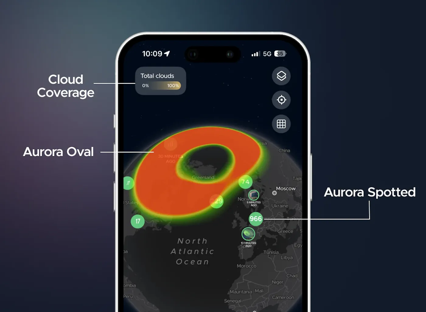 The Map tab on Hello Aurora app includes Aurora Oval, Aurora spotted and cloud coverage. The tabs packed with information that will help aurora lovers see the Northern Lights.