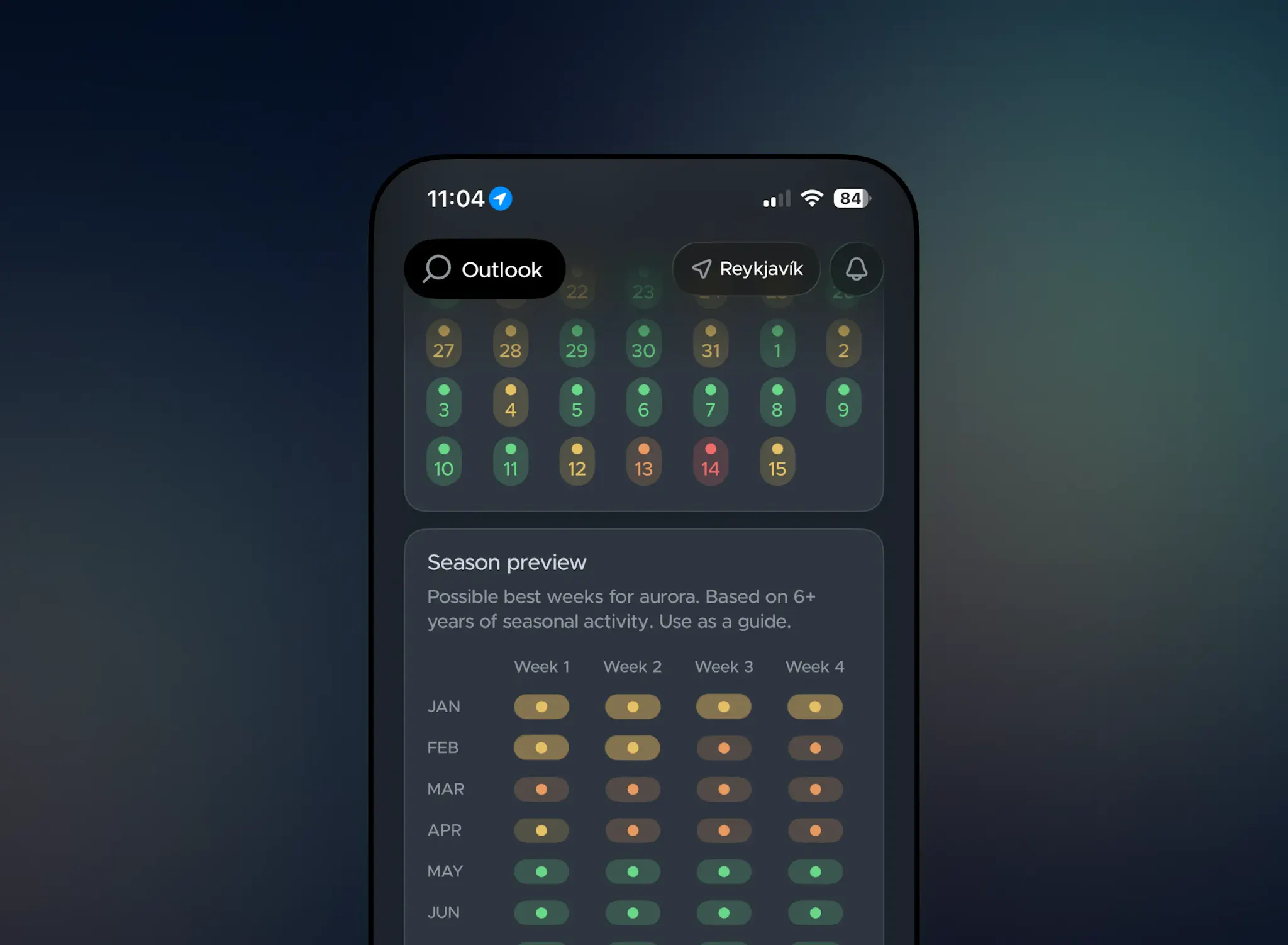 Use the Outlook to plan for the best week to see the Northern Lights in your upcoming plan. Based on 6+ years of solar activity and community sightings