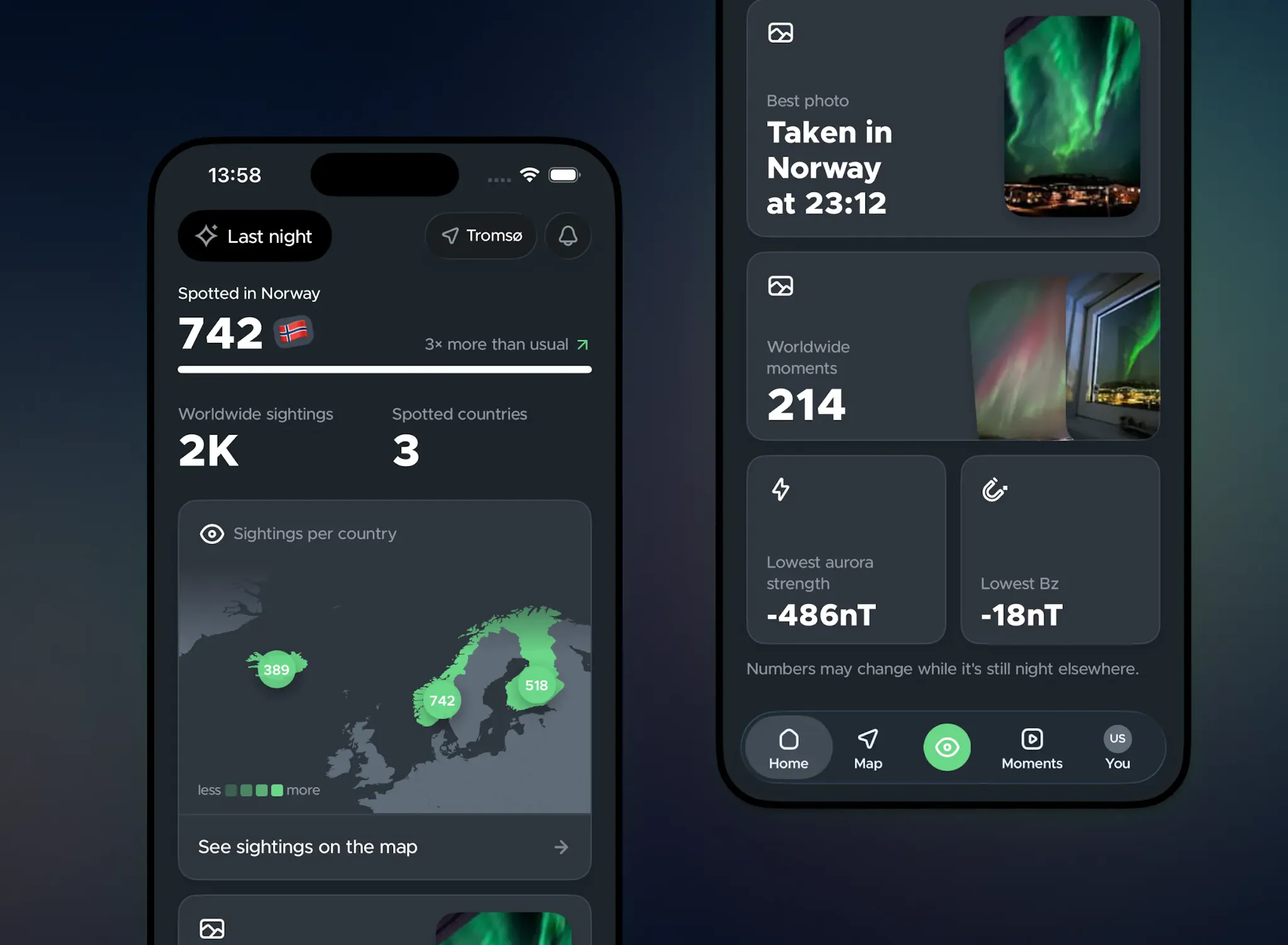 Screenshot of Hello Aurora app's Last Night Summary showing community sighting reports, global reach statistics, and activity maps for Pro users.