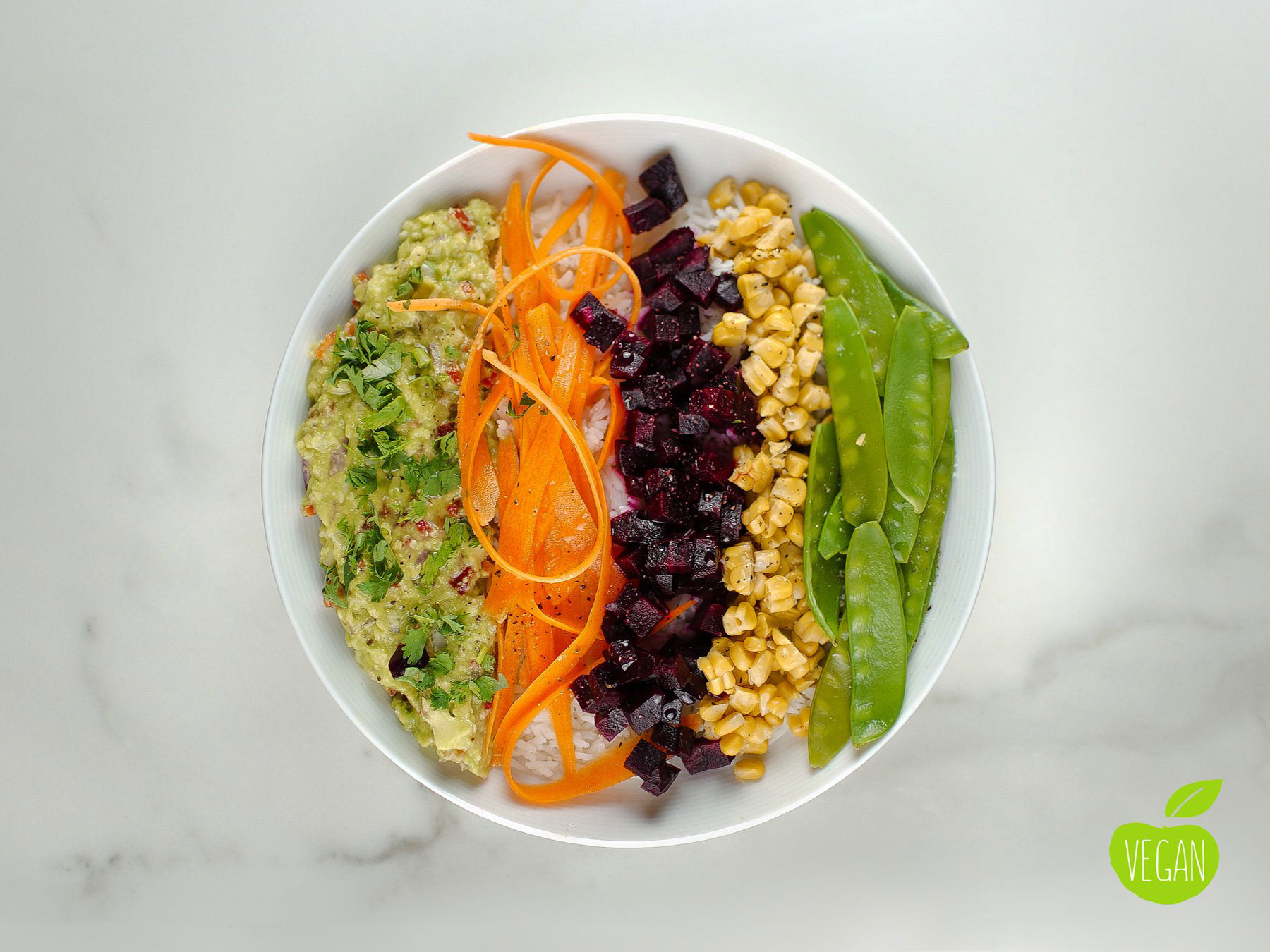 Vegan rice bowl με guacamole και snow peasibimbap