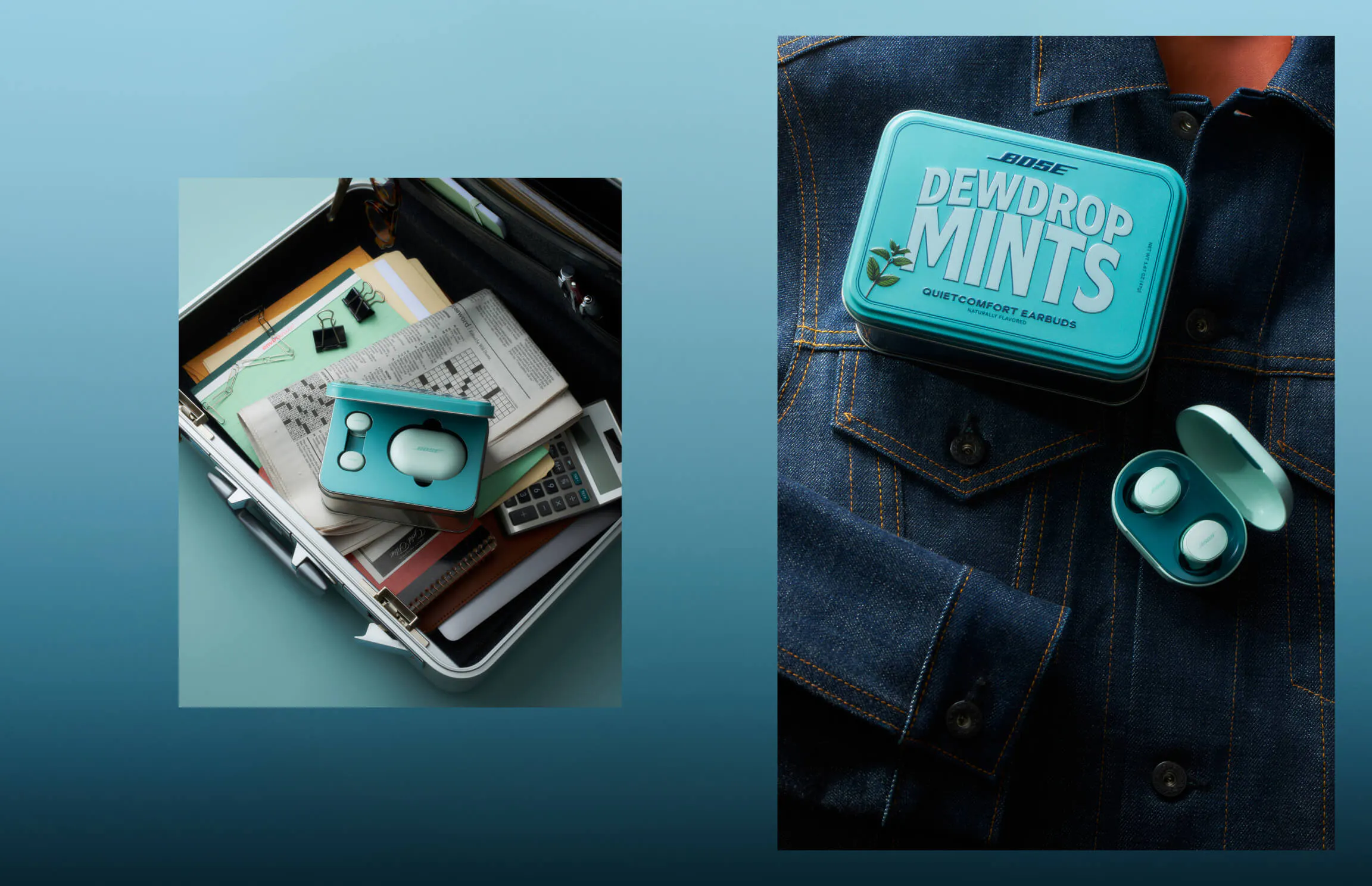 Left: the open Bose QuietComfort Earbuds charging case resting on a cluttered briefcase filled with papers, a crossword, and a calculator. Right: the Dewdrop Mints tin and open charging case with earbuds inside, laid on a dark denim jacket.