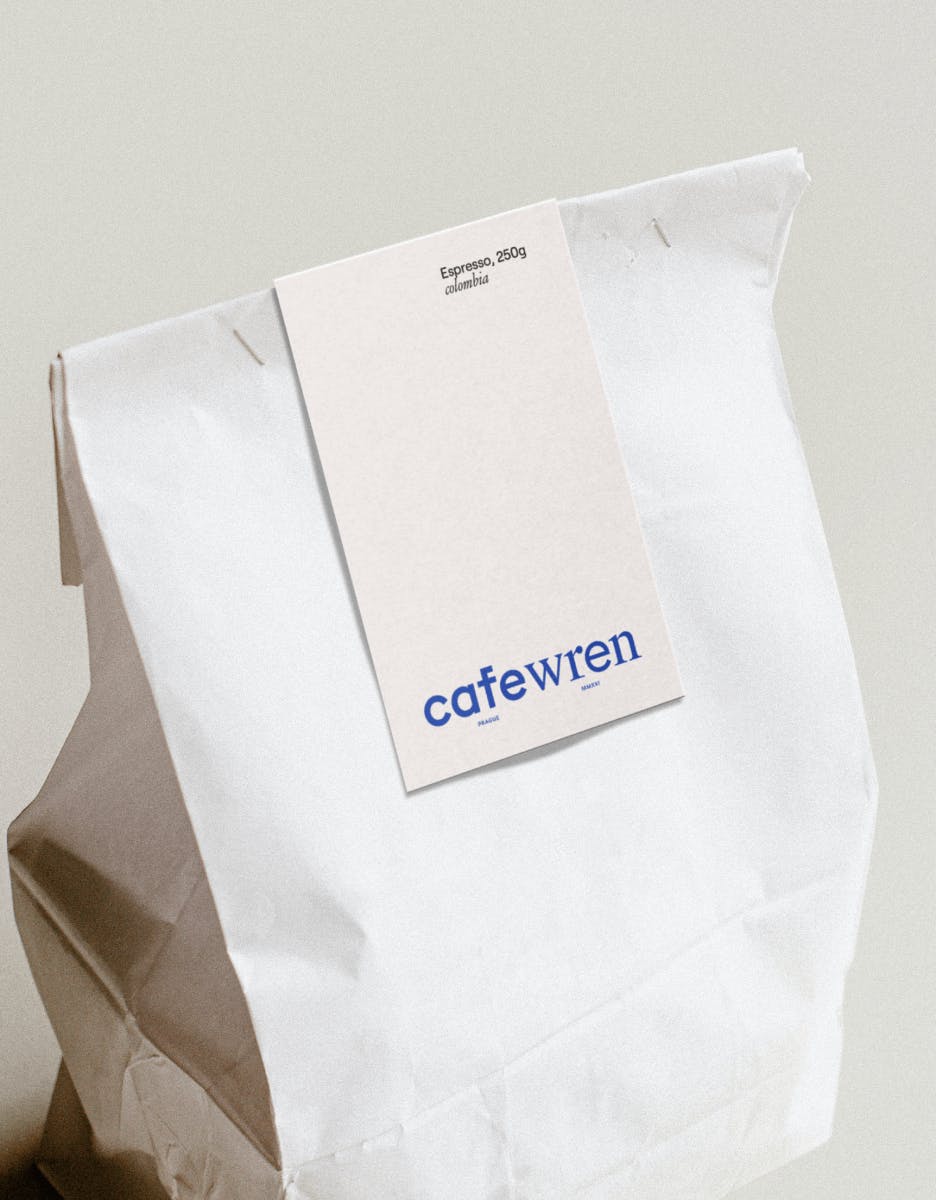 white paper coffee bag with CafeWren logo