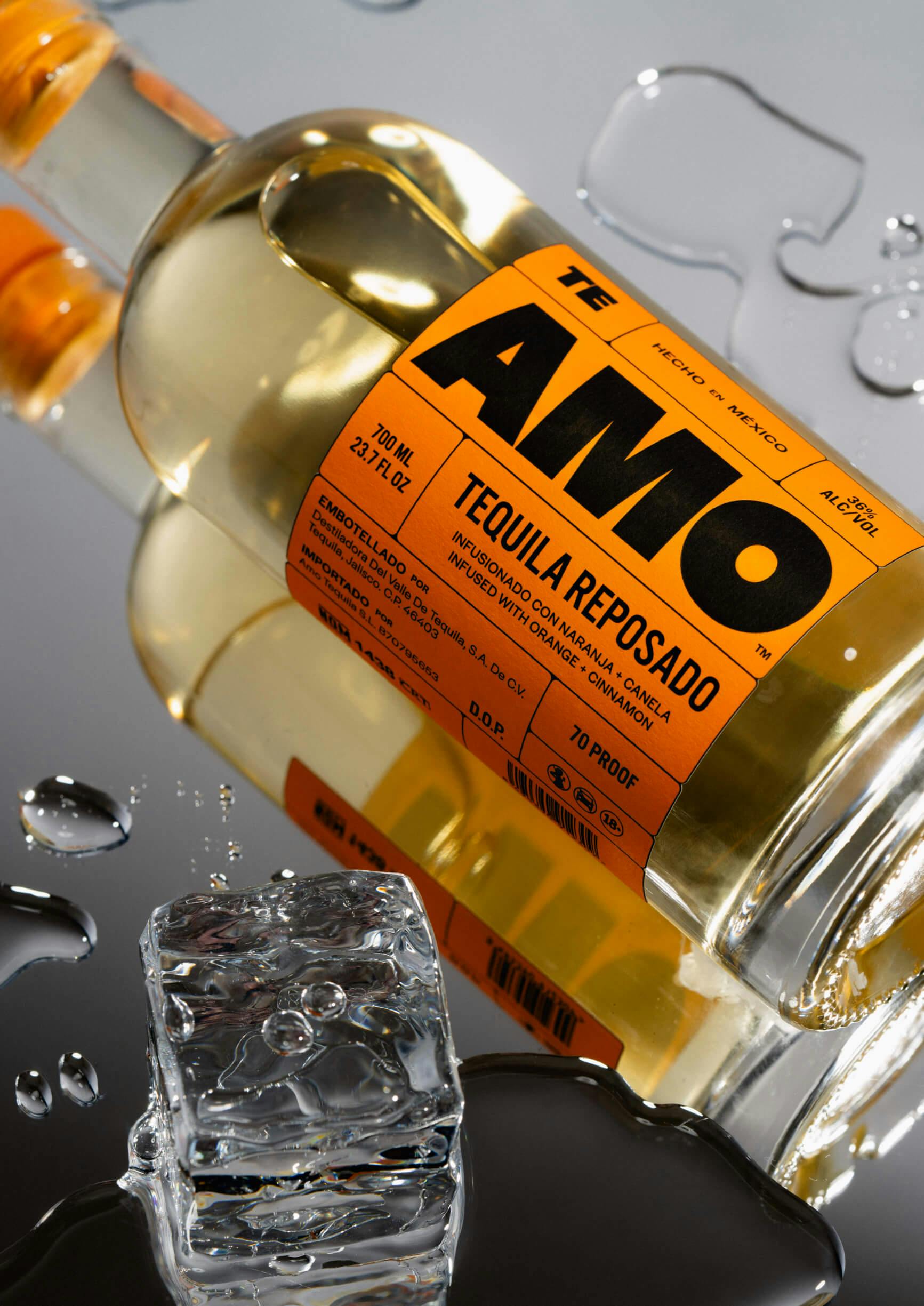 A liquor bottle saying AMO on top of mirror with water spots