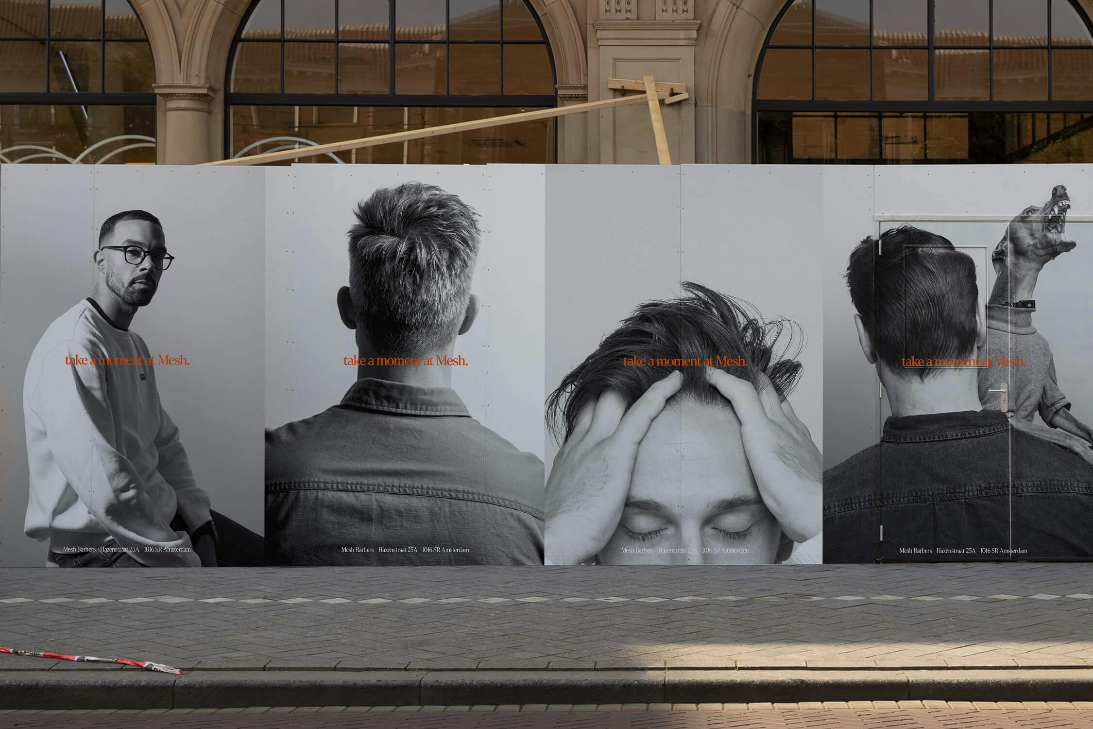 A hoarding board poster in city showing portraits of men's haircuts