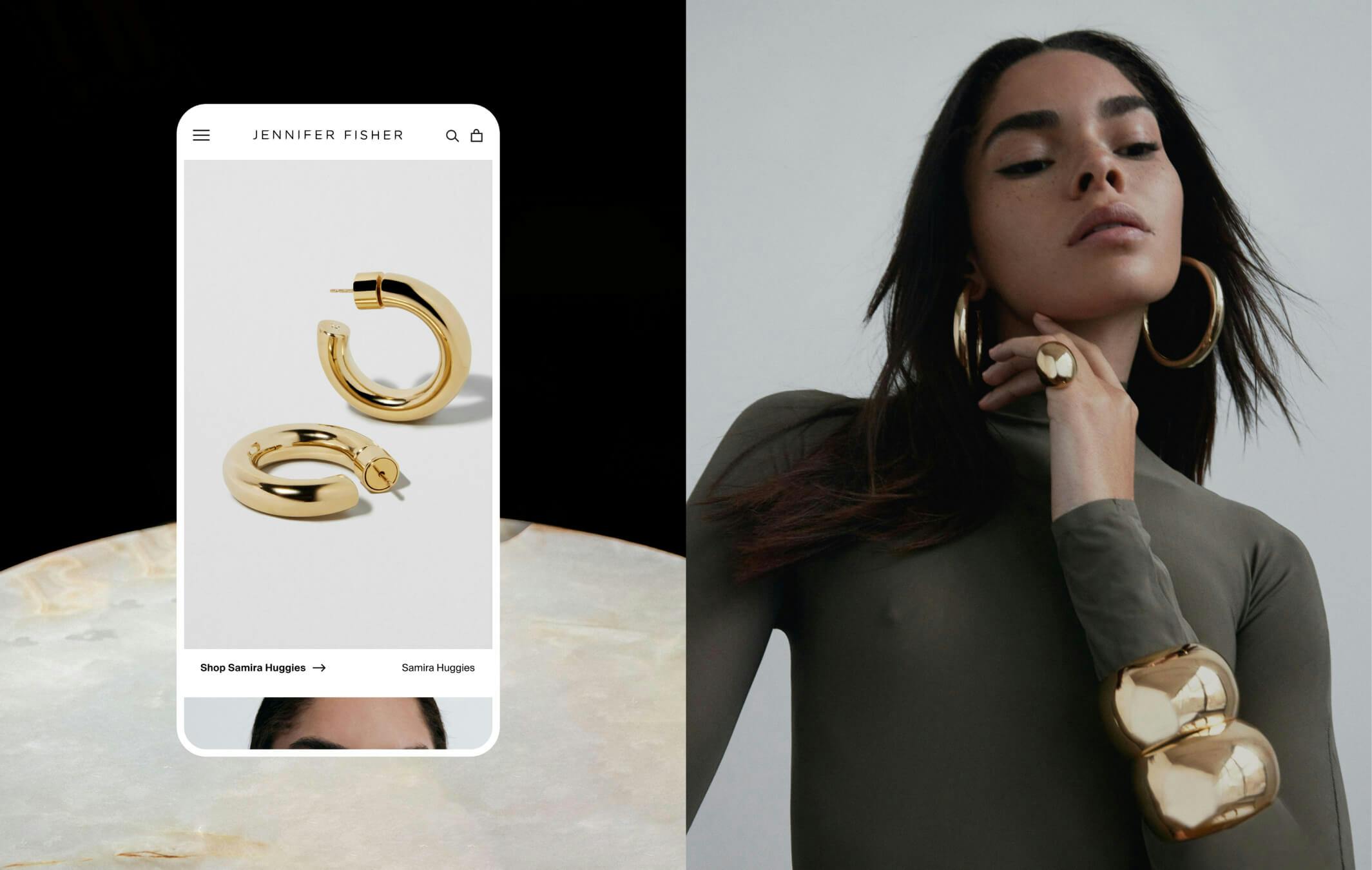 a photo collage of a mobile screenshot of a jewelry retailer and a woman wearing many pieces of gold jewelry