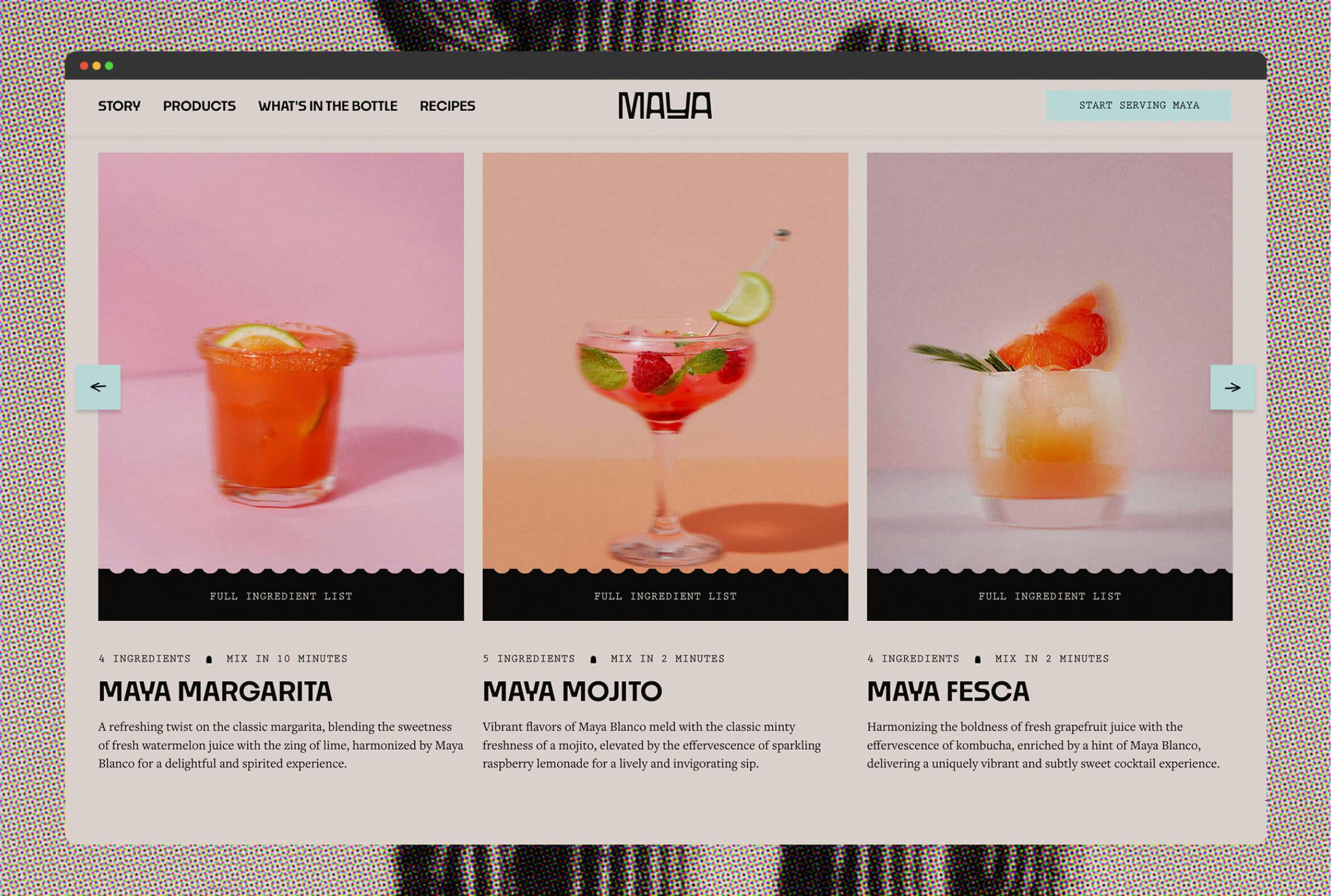 screenshot of webpage showing cocktail recipes