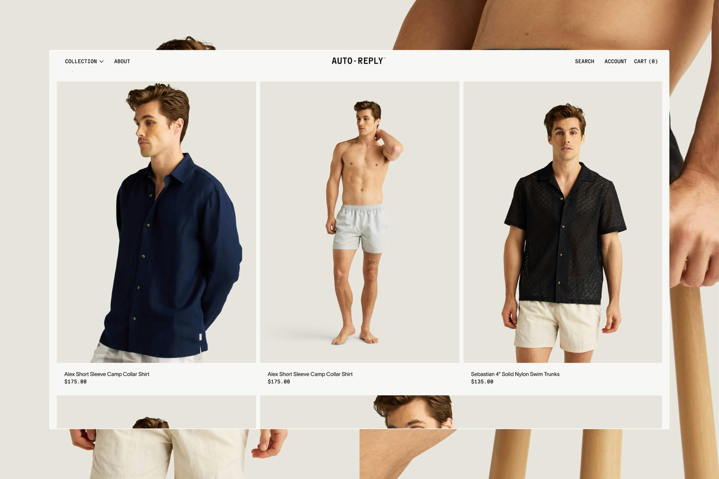 screenshot of webshop for mesn swimwear