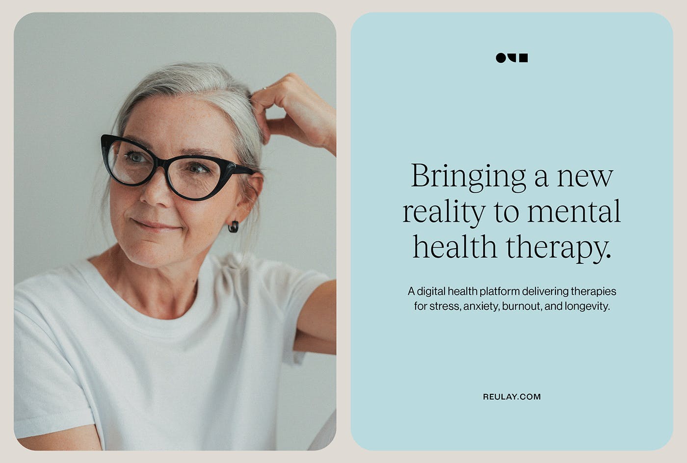 A woman wearing glasses next to tagline on poster