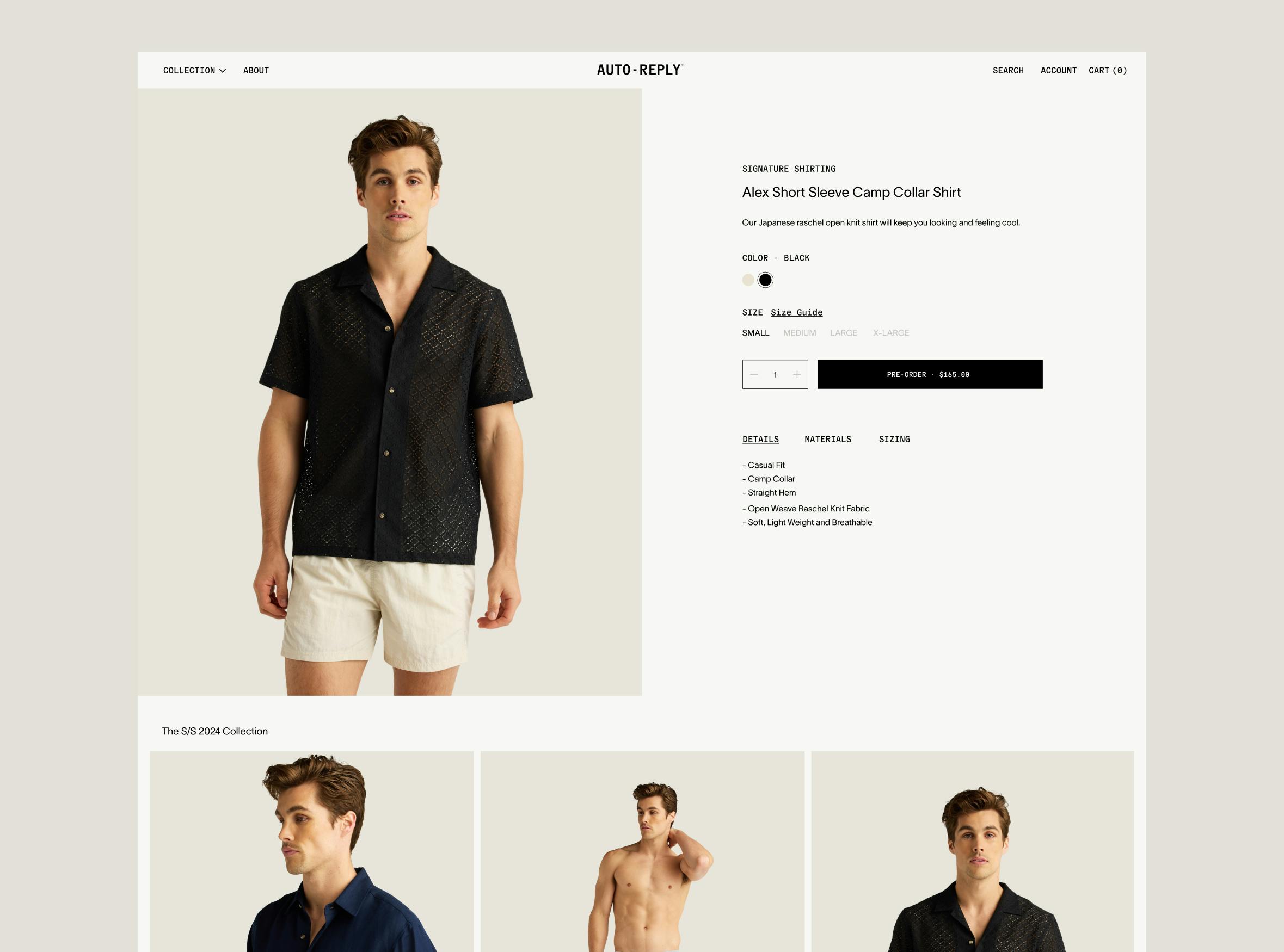 screenshot of mens clothing webshop