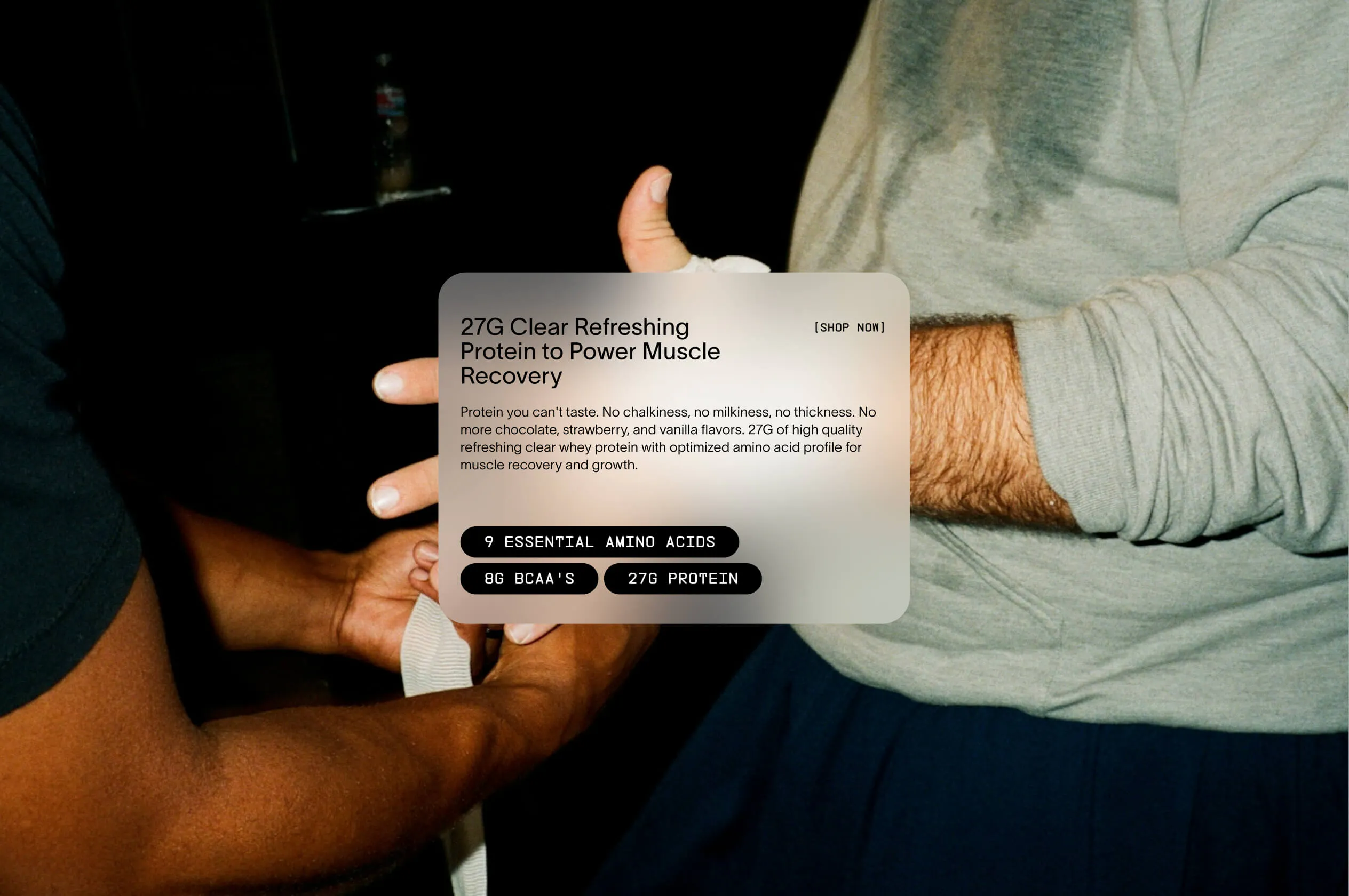 Website feature card overlay on a dark gym photo, displaying "27G Clear Refreshing Protein to Power Muscle Recovery" with ingredient badges: 9 Essential Amino Acids, 8G BCAAs, 27G Protein