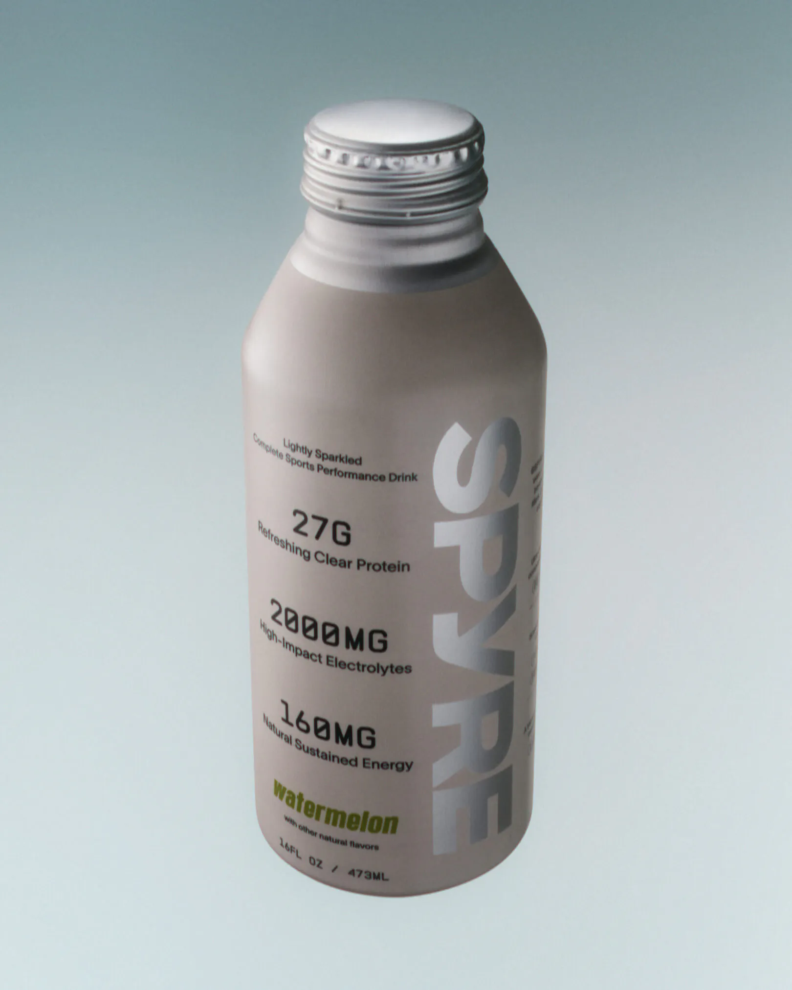 SPYRE watermelon flavor aluminum performance drink bottle in matte grey, angled three-quarter view, displaying 27G protein, 2000MG electrolytes, and 160MG energy callouts