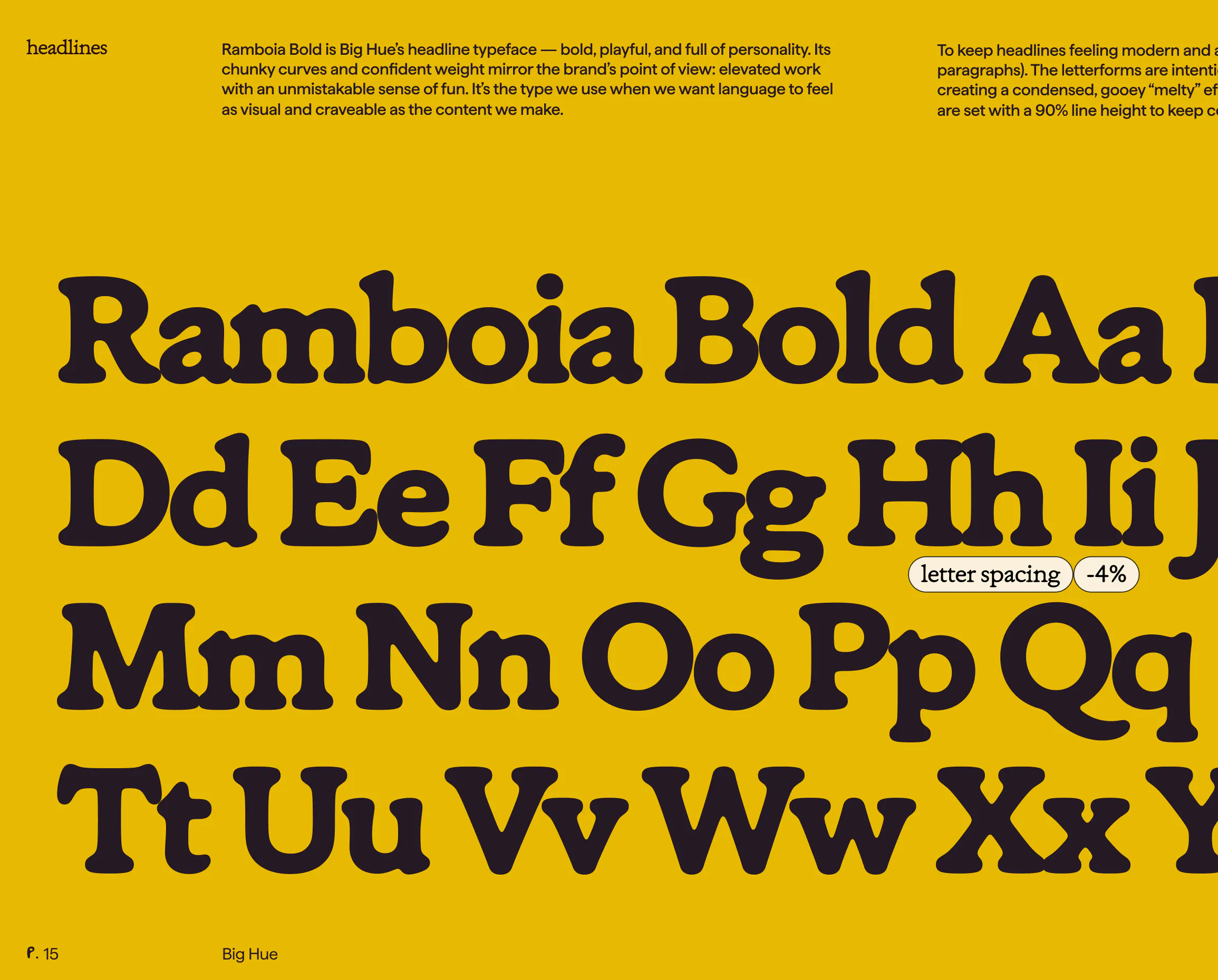 a brand guidelines spread showing the Ramboia Bold typeface. yellow background with alphabet characters at display size.
