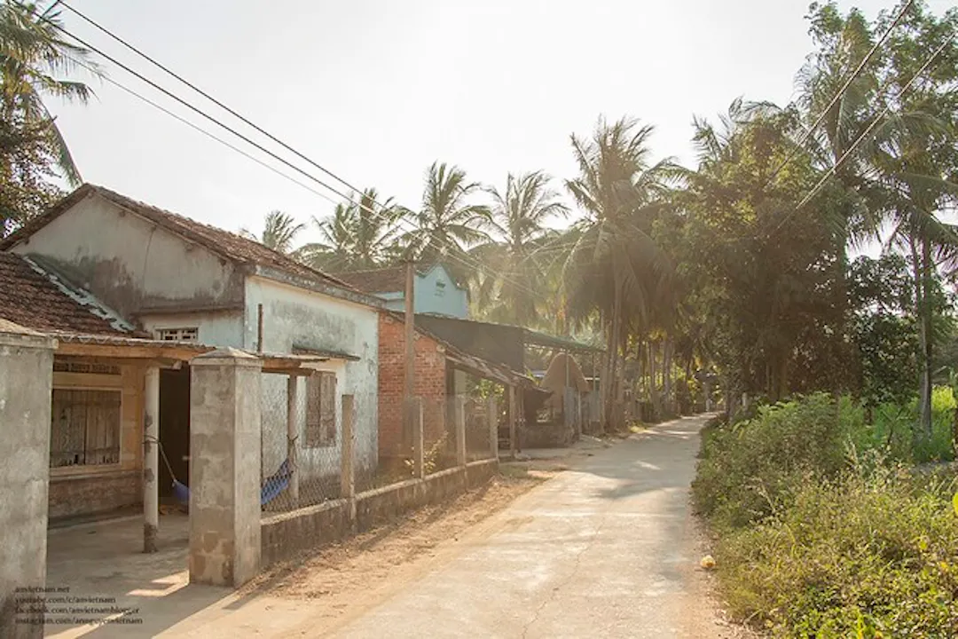 Một ngôi nhà với cây lan tỏi đang trổ hoa tím