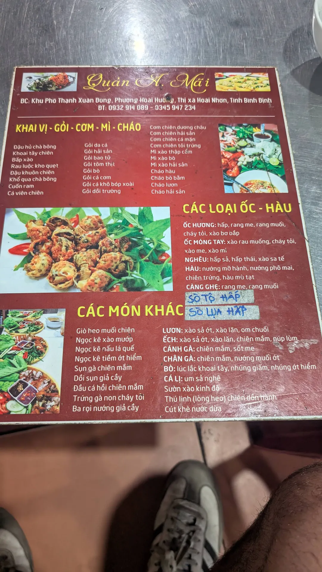 Danh sách món ăn của quán