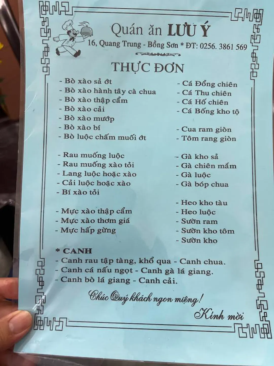 Thực đơn Quán Ăn Lưu Ý - Bồng Sơn