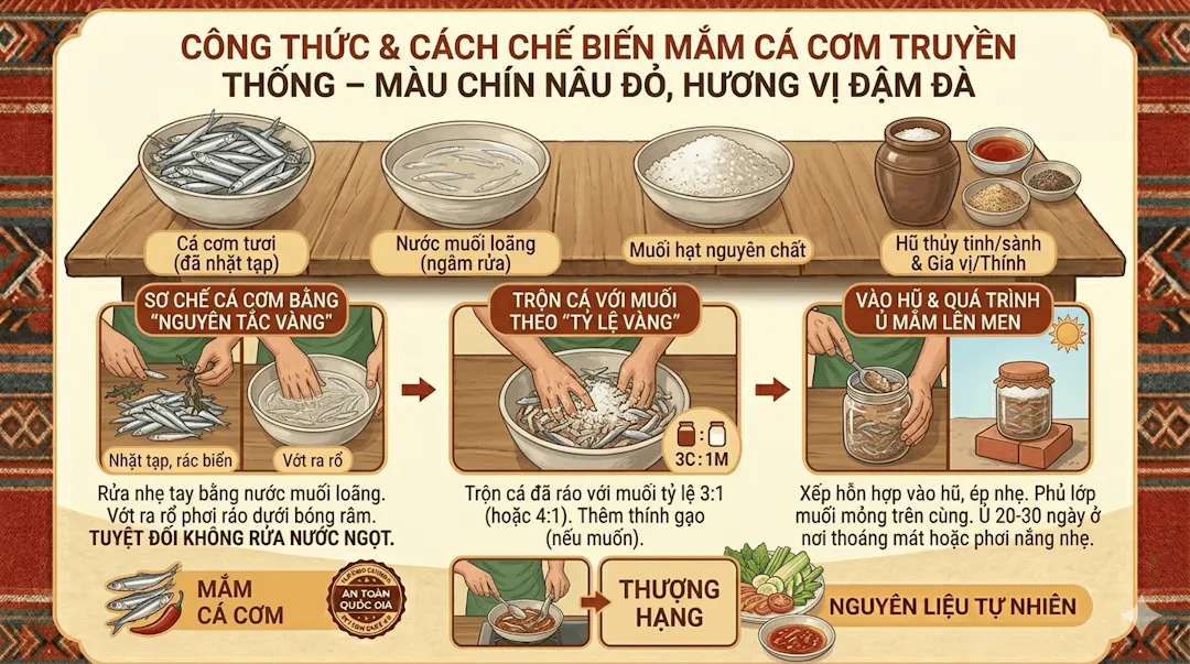 Quy trình ủ Mắm Nêm Cá Cơm Hoài Nhơn từng bước một