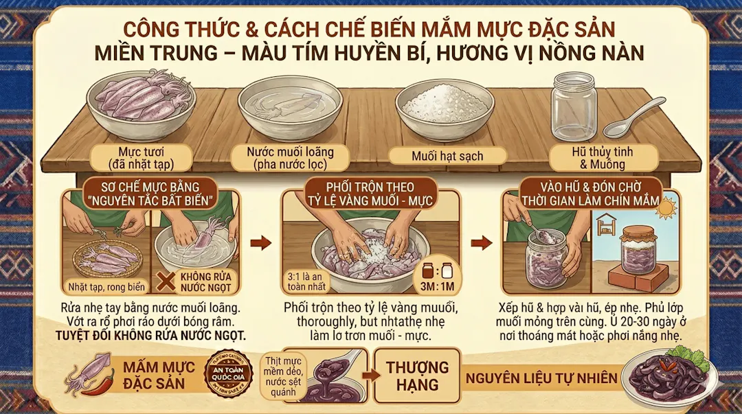 Quy trình ủ Mắm Mực Hoài Nhơn từng bước một