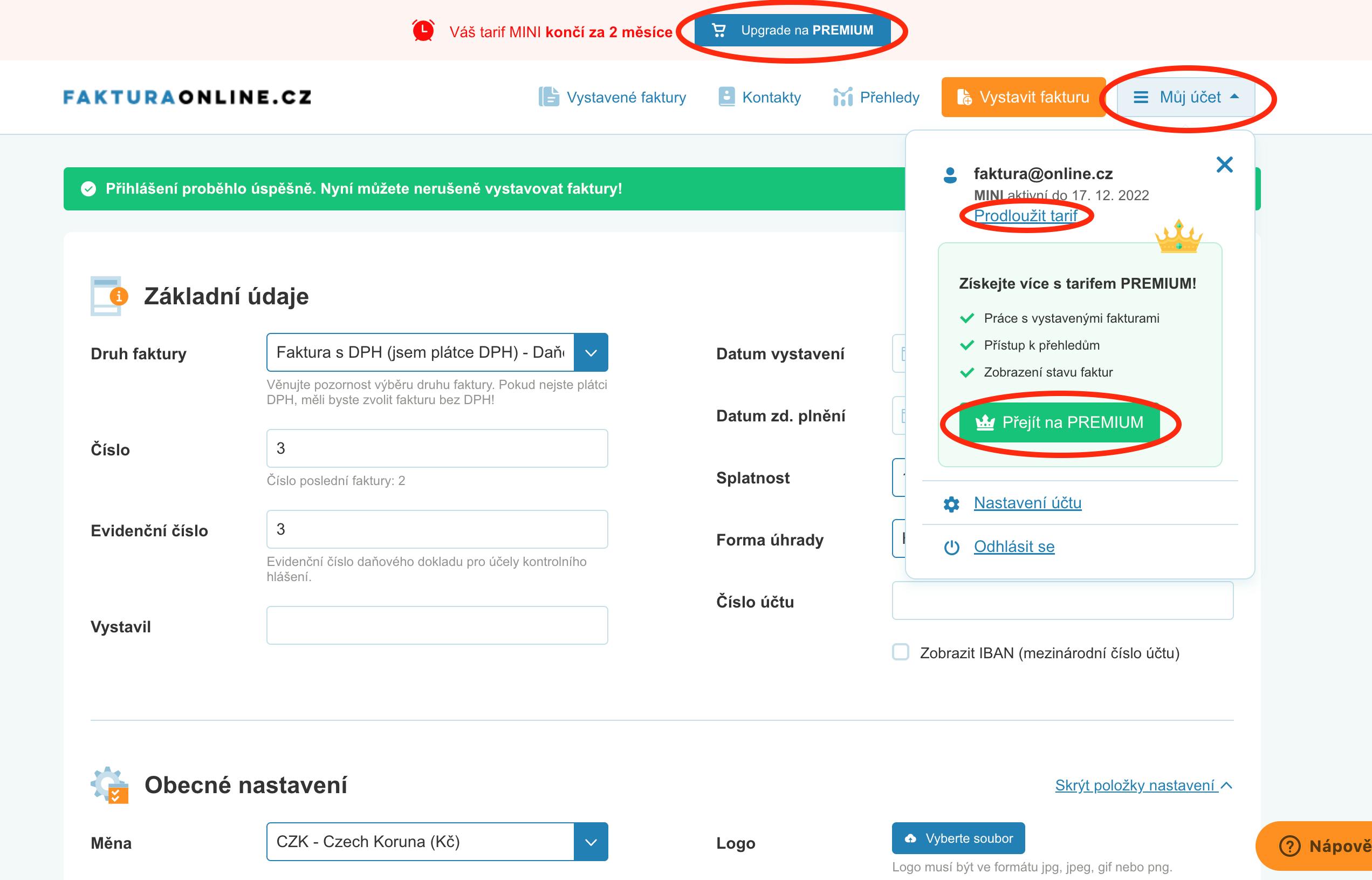 Ve správě účtu je možné upgradovat tarif velmi rychle pomocí několika kliknutí. 
