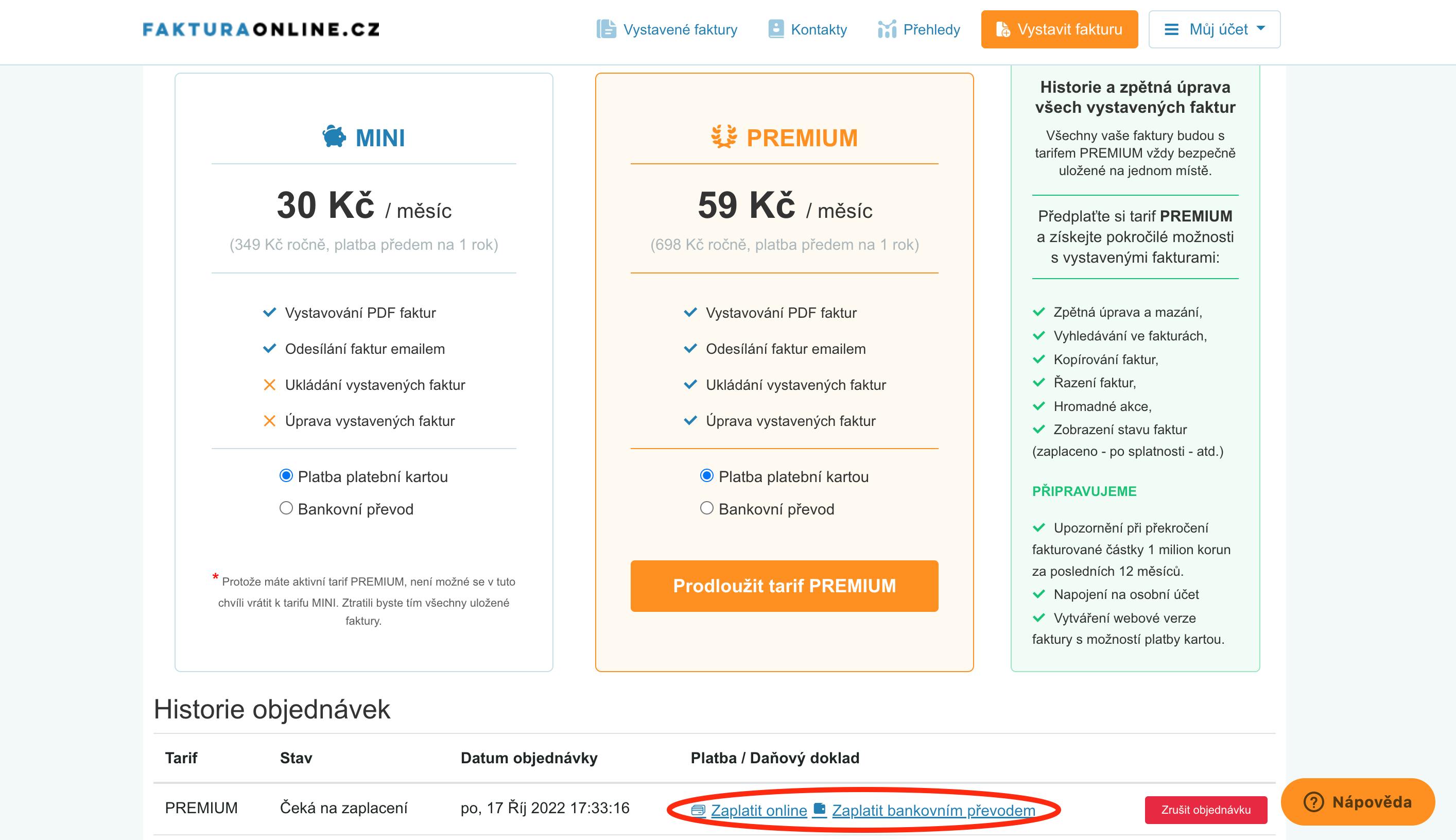 Prodloužení využívaného tarifu FakturaOnline.cz je možné přímo v účtu na webu. 