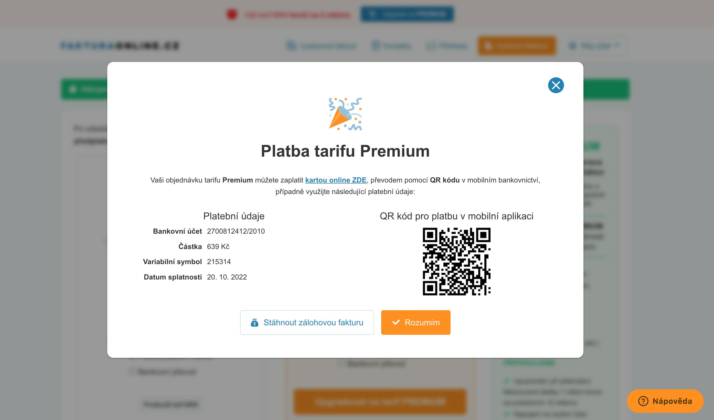 Platbu za tarify u FakturaOnline.cz můžete provést pomocí QR kodu nebo kartou. 