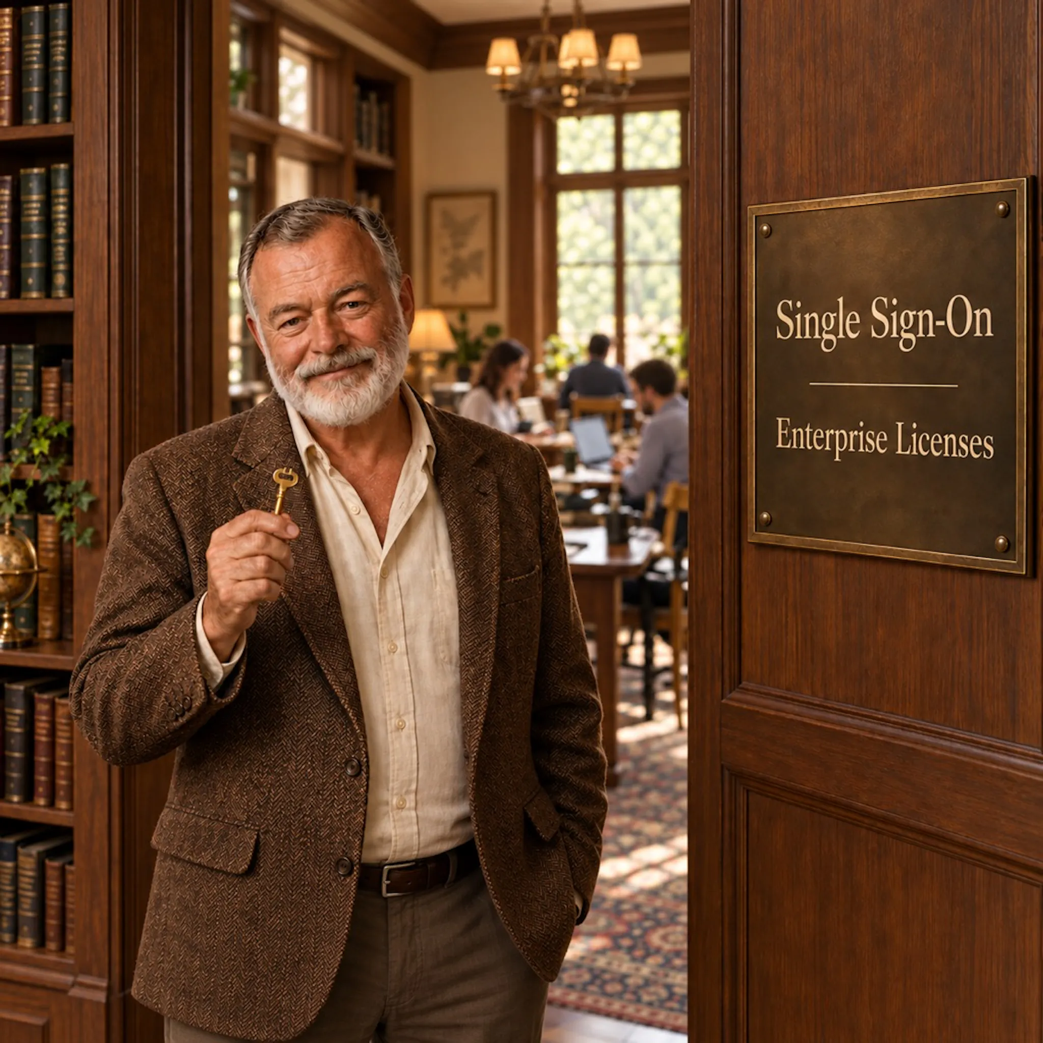 An older man holding a key beside a sign for single sign-on and Enterprise licenses.