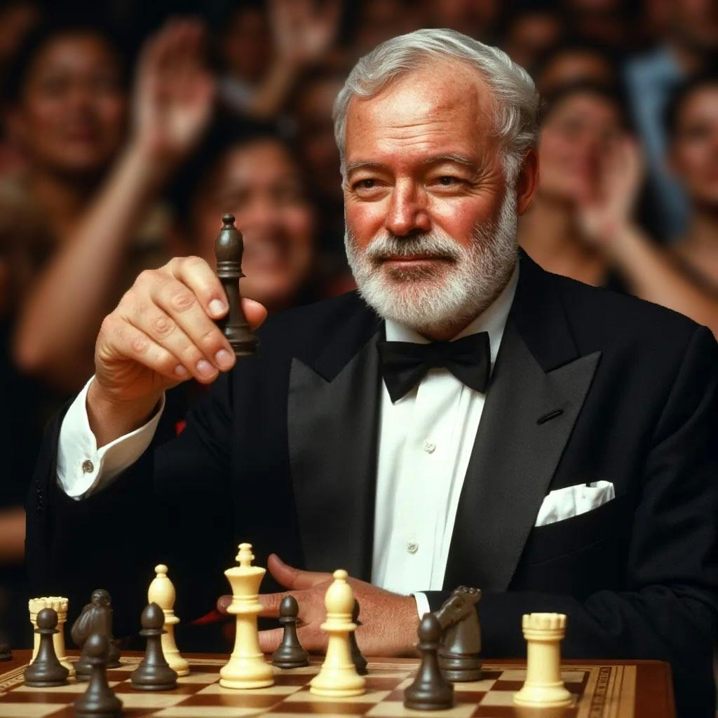 AI-generated image of Hemingway playing chess in a tuxedo.