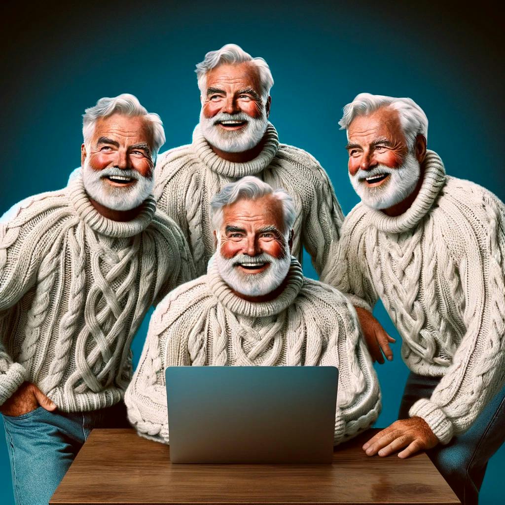 Image of four Ernest Hemingways working at a laptop