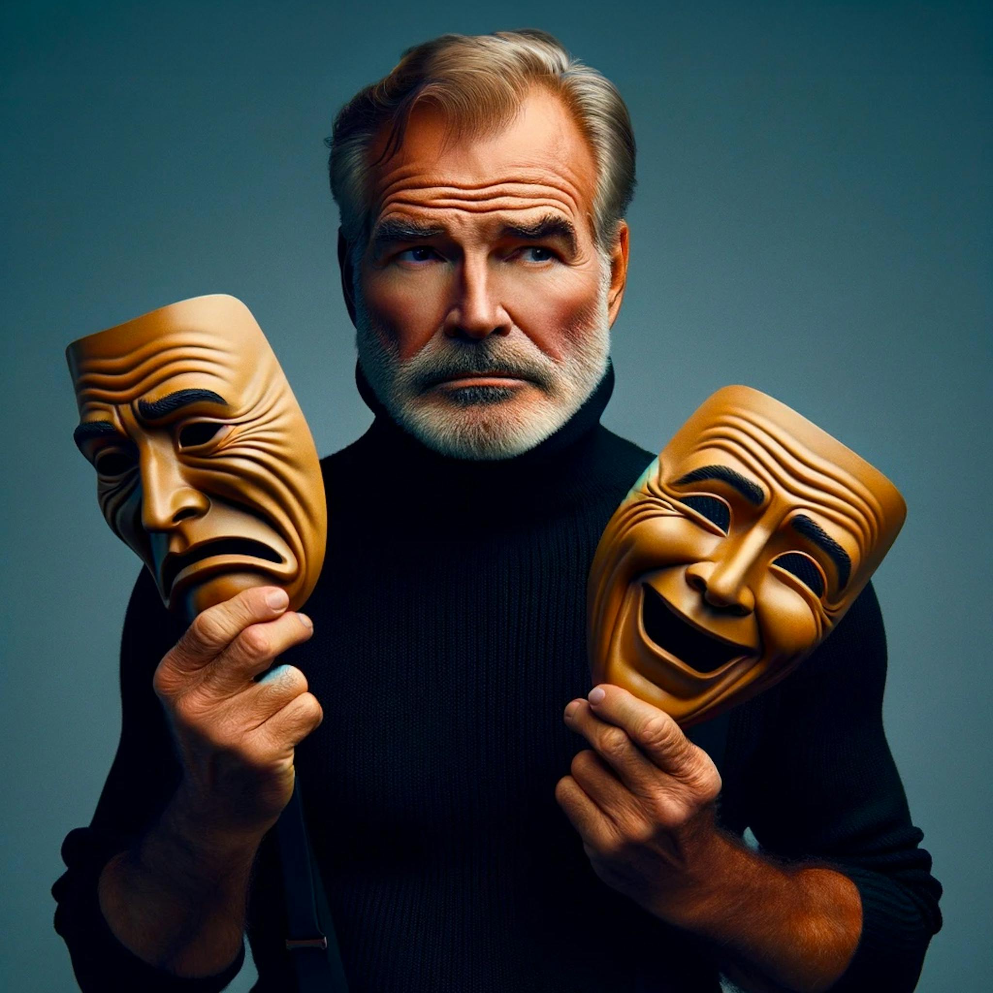 Ernest Hemingway holding theater masks making different expressions.
