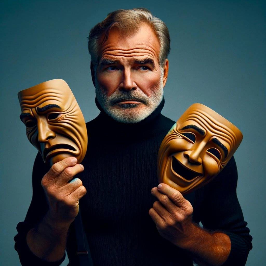 Ernest Hemingway holding theater masks making different expressions.