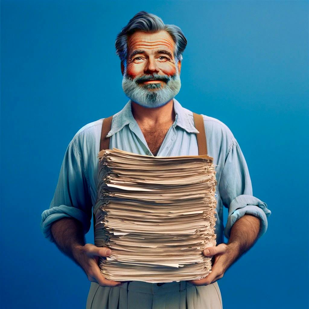 Ernest Hemingway holding a stack of papers.