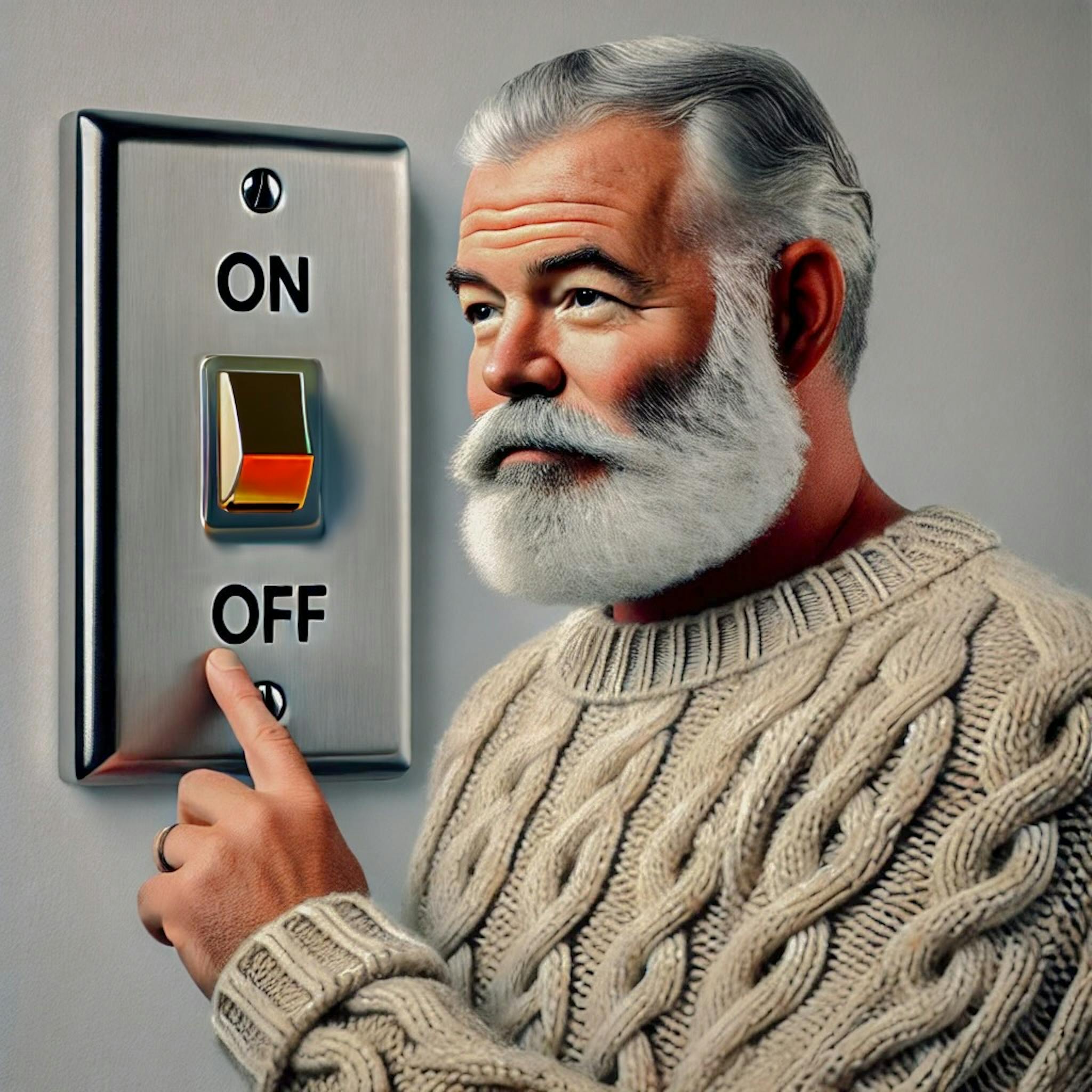 Ernest Hemingway pointing to a large electrical switch.