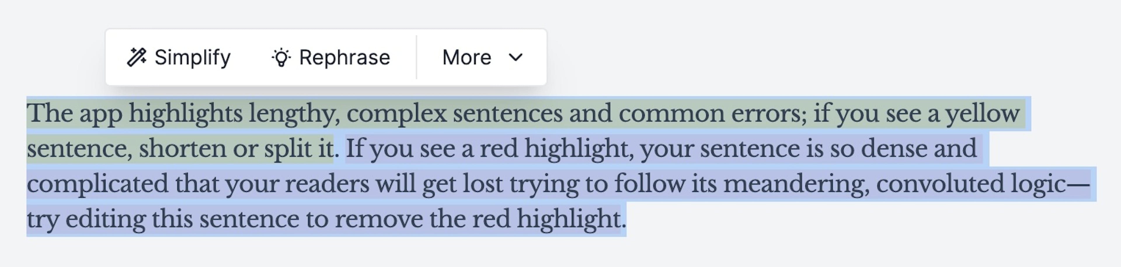 Hemingway Editor Plus' floating toolbar menu, providing quick access to AI tools to simplify, rephrase, or adjust the tone of a passage.