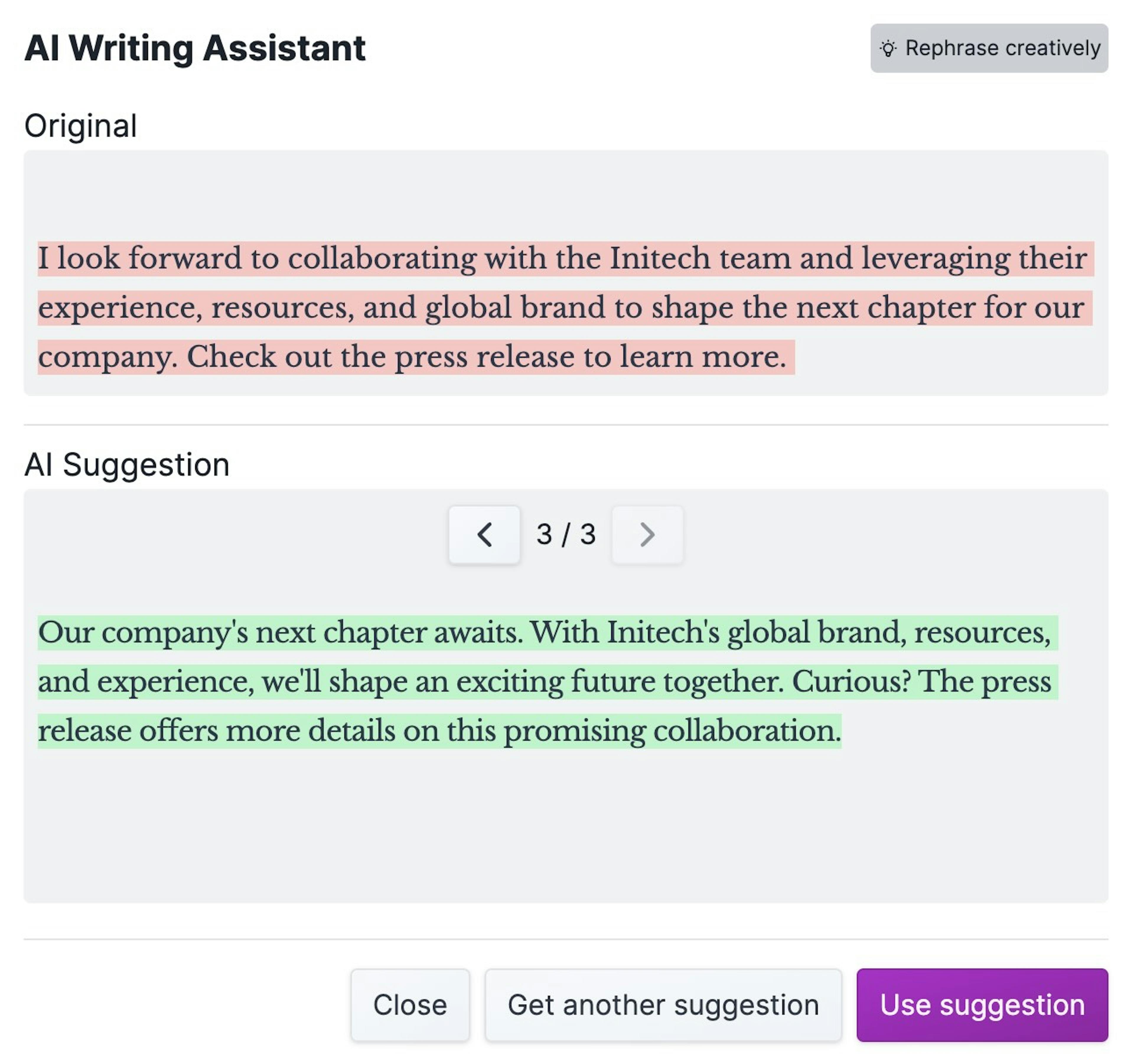 Hemingway Editor Plus' AI writing assistant, which is creatively rephrasing a passage of text.