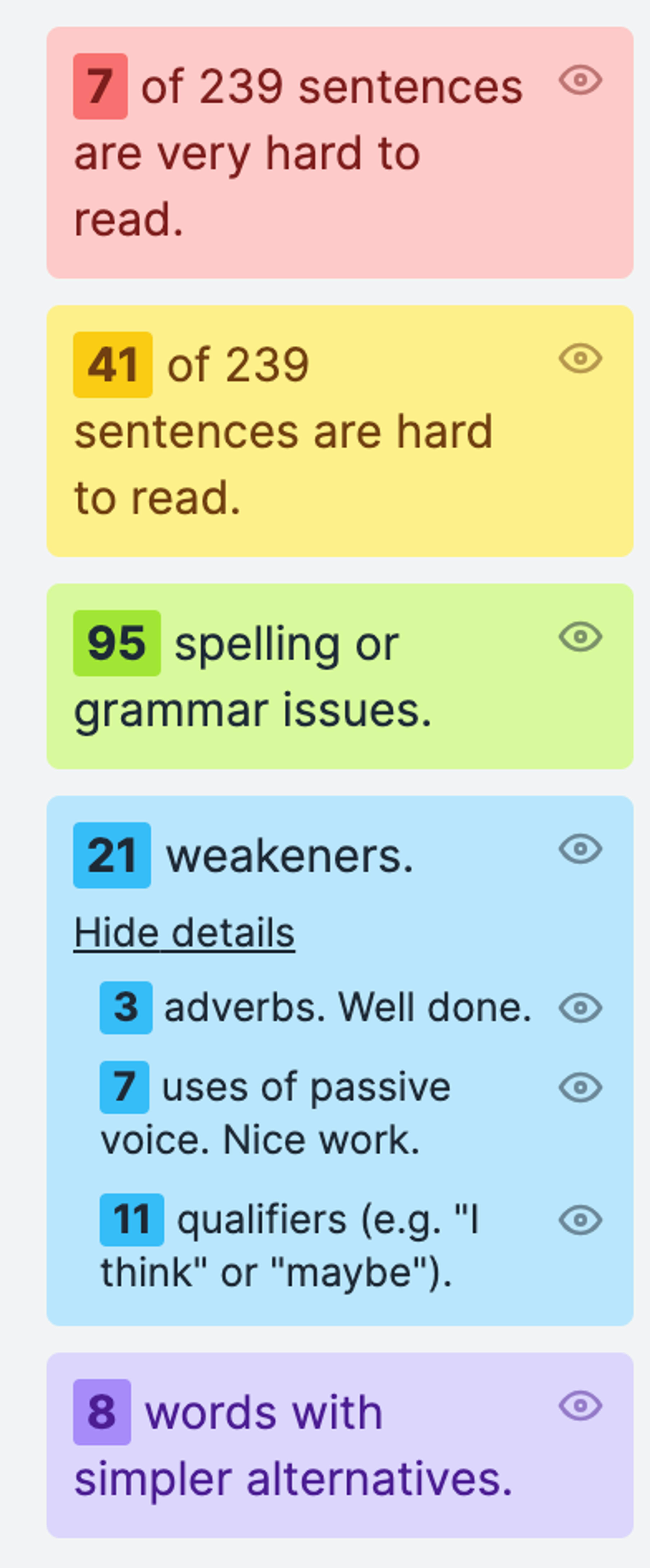 Screenshot of Hemingway Editor showing stats on how many writing issues were found. It shows hard-to-read sentences, grammar issues, weakeners, and words with simpler alternatives.