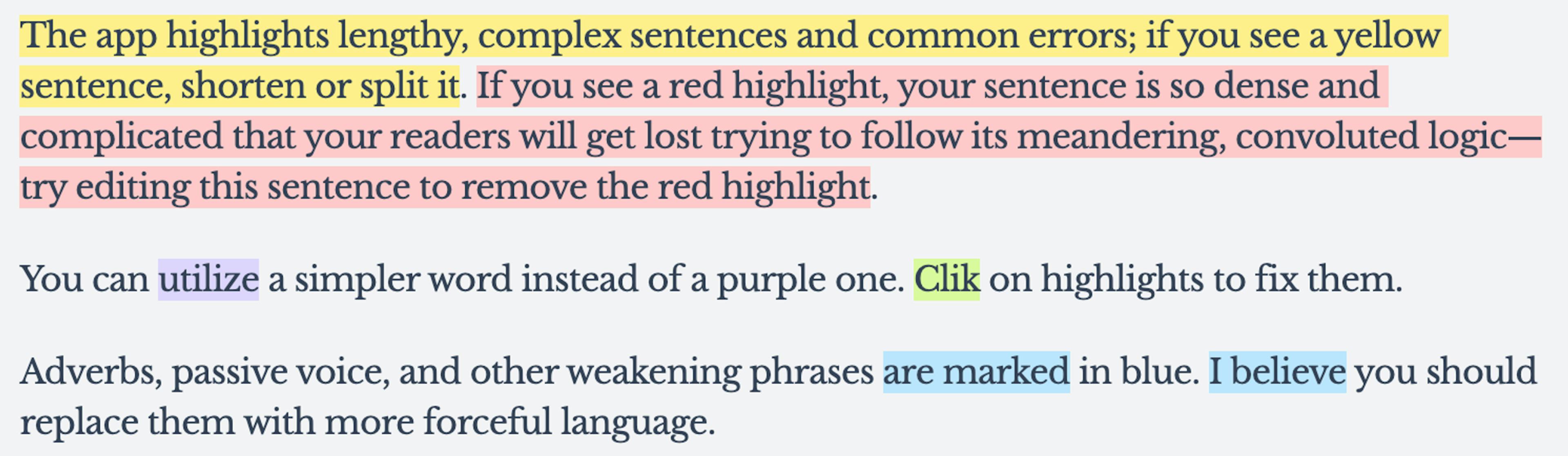 Screenshot of Hemingway Editor showing a passage of writing, with several sections highlighted to show hard-to-read sentences, grammar issues, weakeners, and words with simpler alternatives.