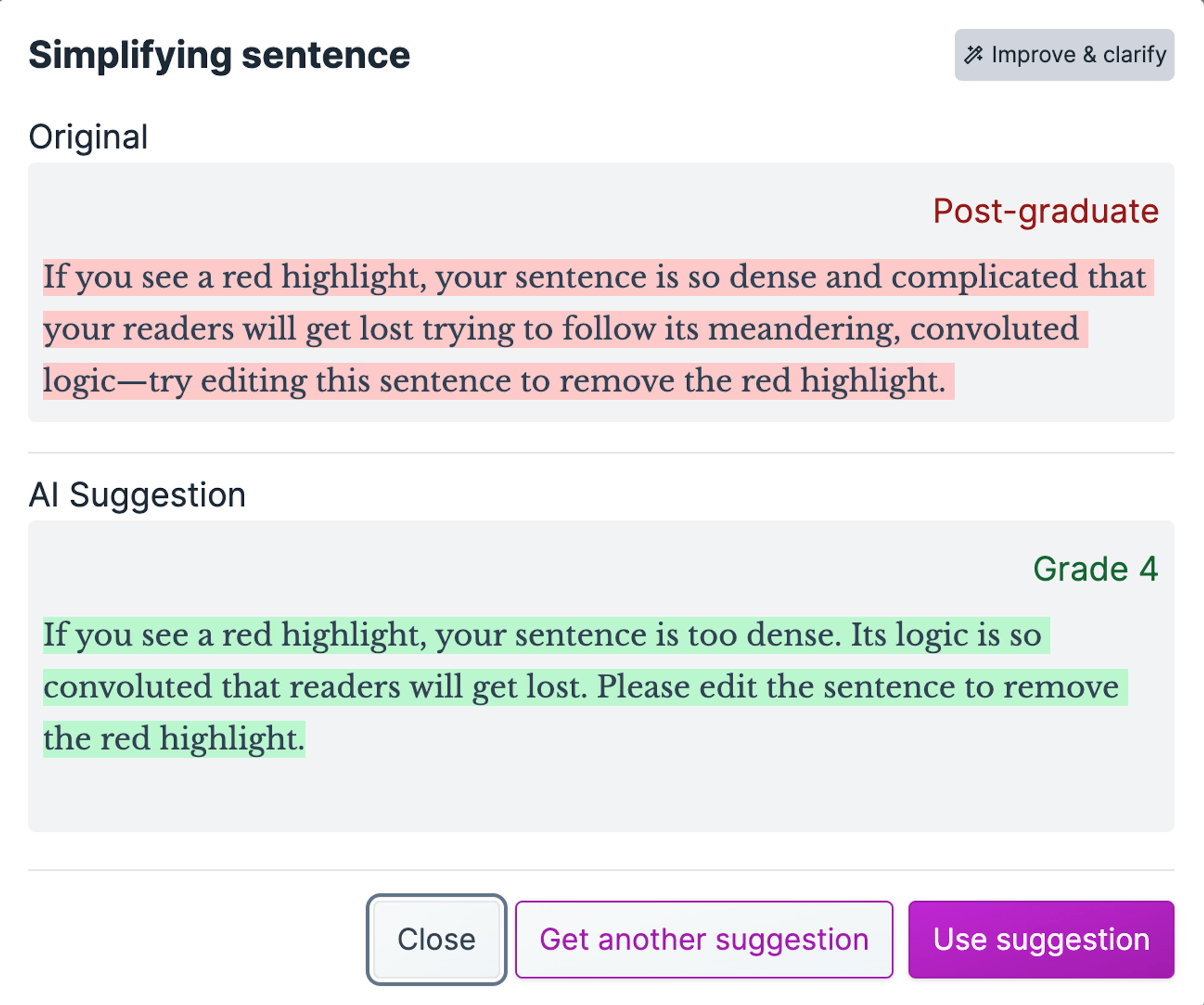 Screenshot of Hemingway Editor Plus, showing the AI tool simplifying a hard-to-read sentence.