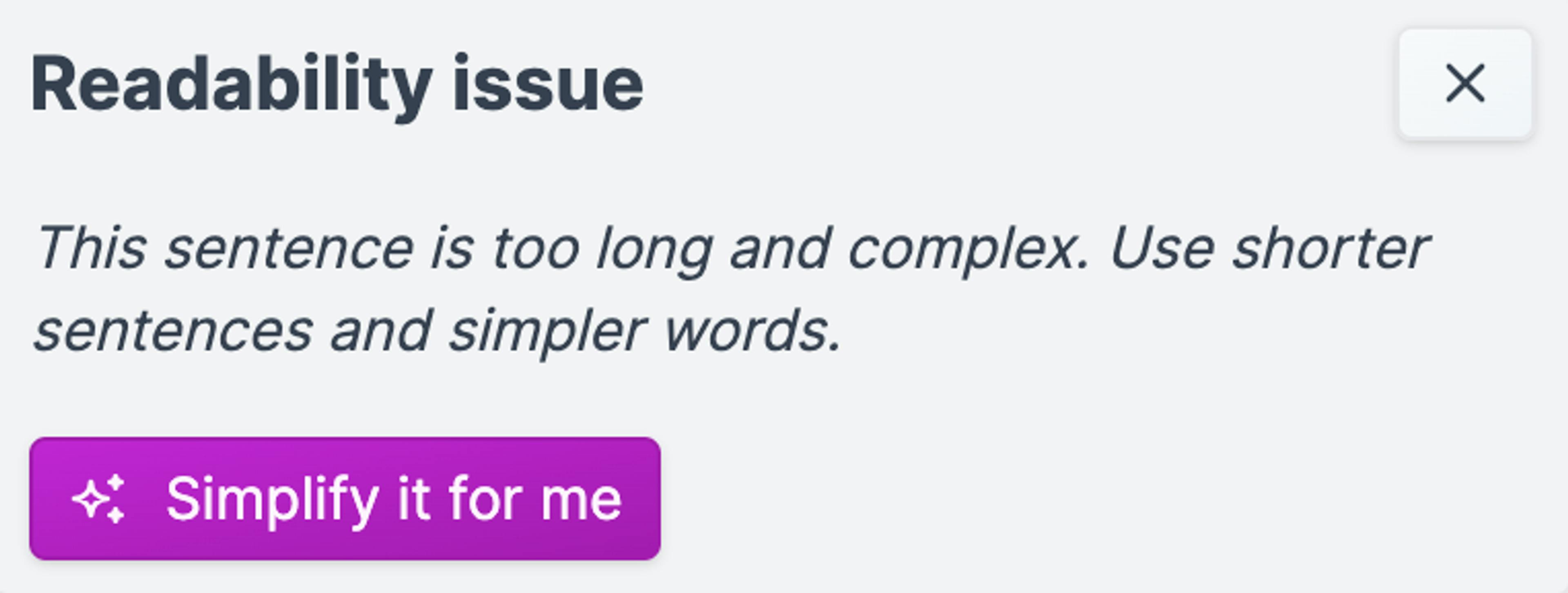 Screenshot of Hemingway Editor, showing a readability issue with a "Simplify it for me" button.