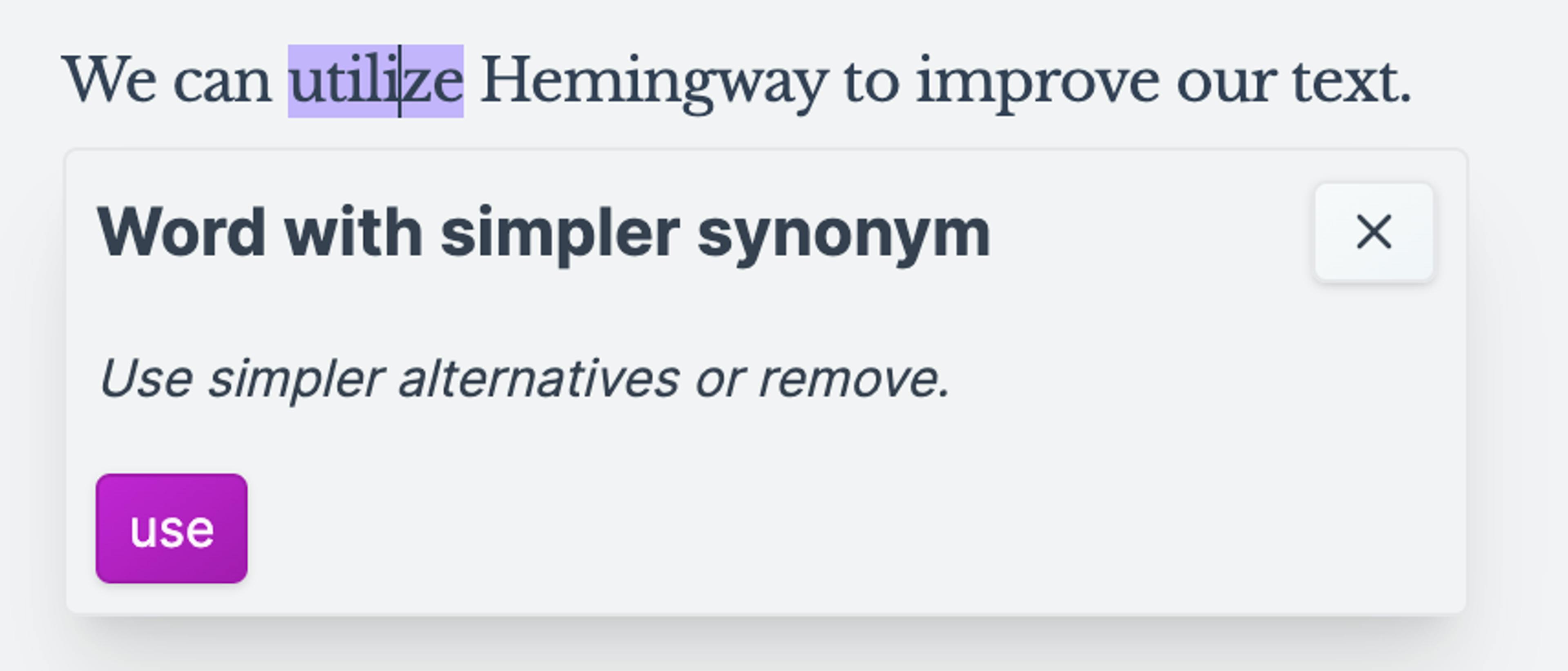 Image of Hemingway Editor, showing how to replace a complex word with a simpler alternative.