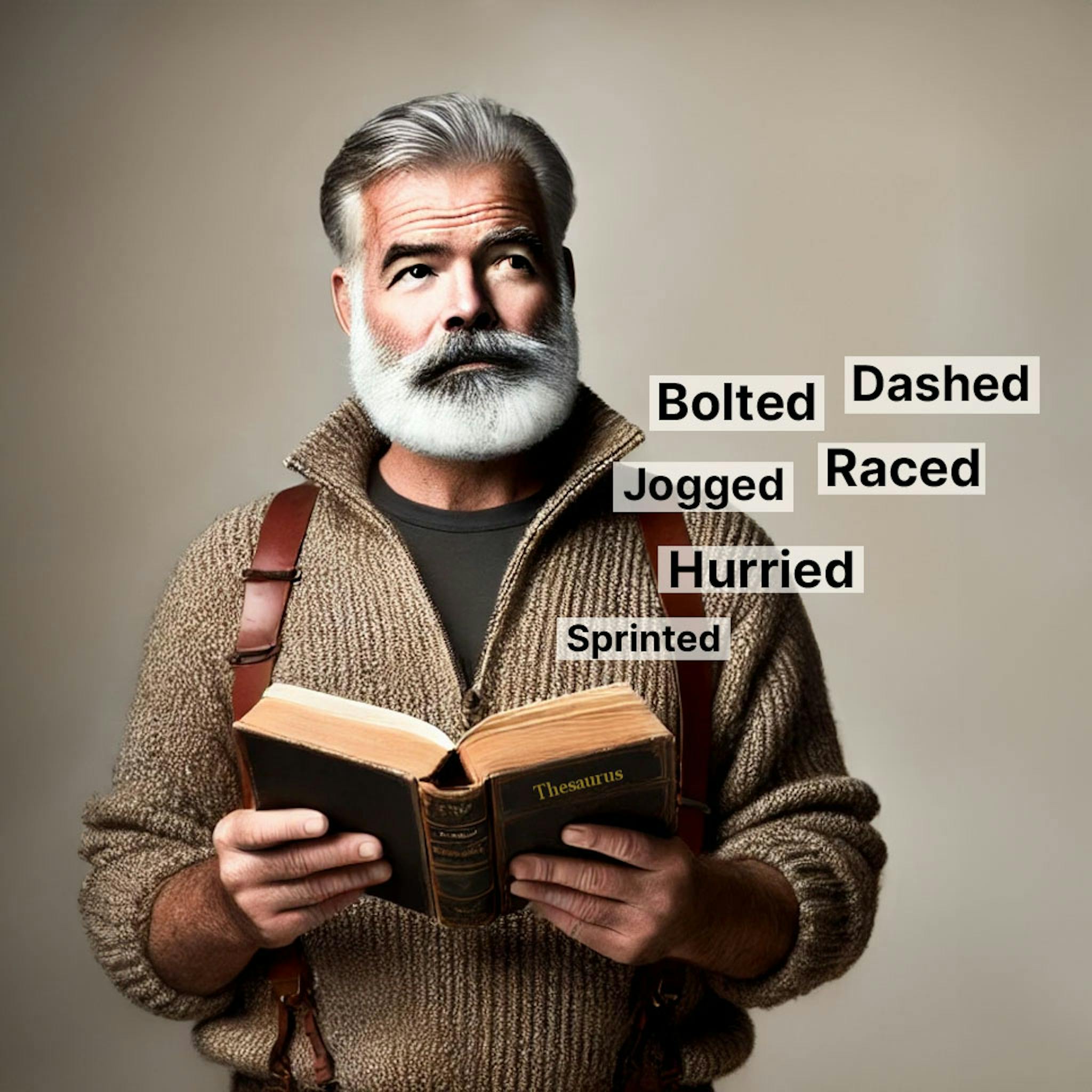 An illustration of Ernest Hemingway looking at a thesaurus with multiple synonyms popping up