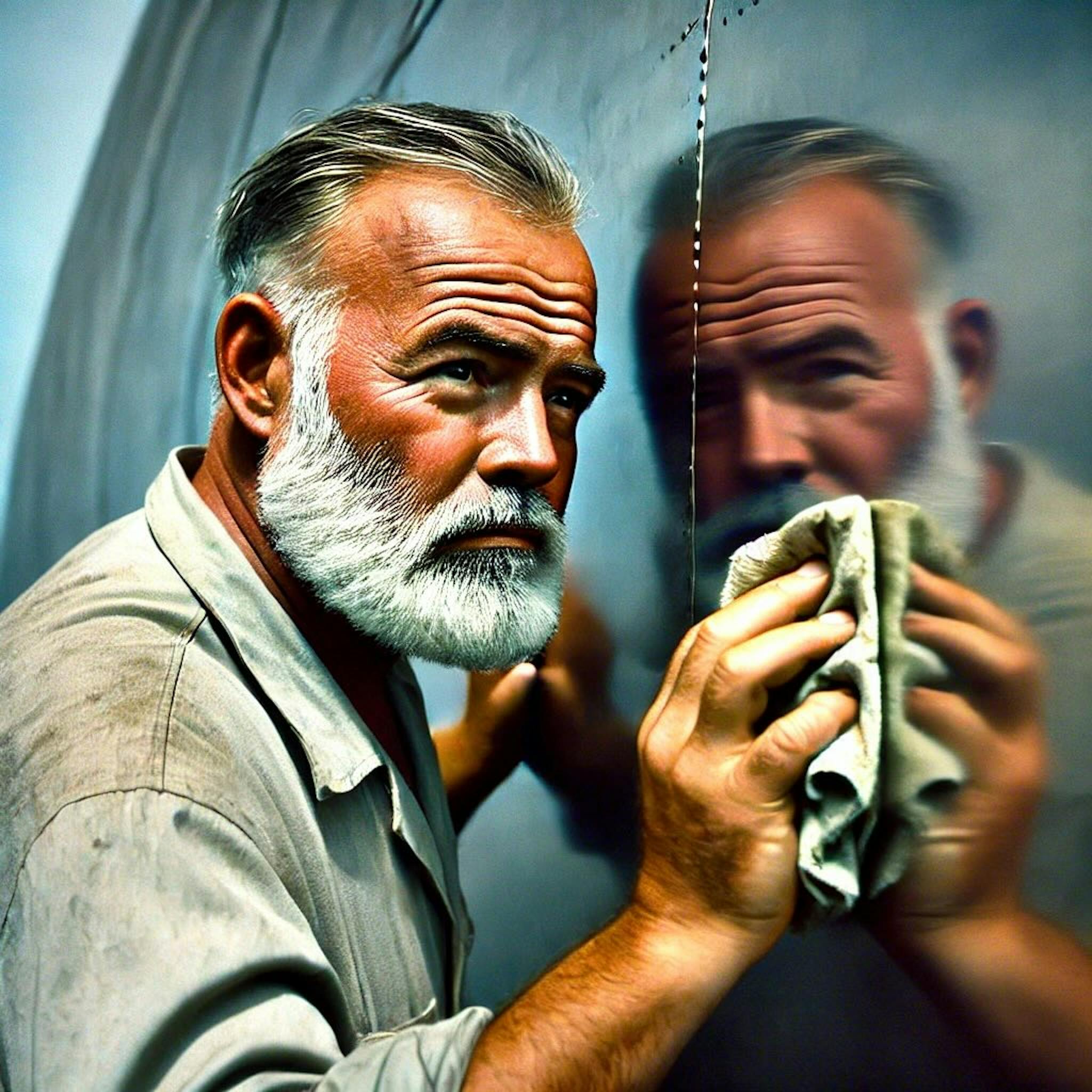 Illustration of Ernest Hemingway polishing a large piece of metal.